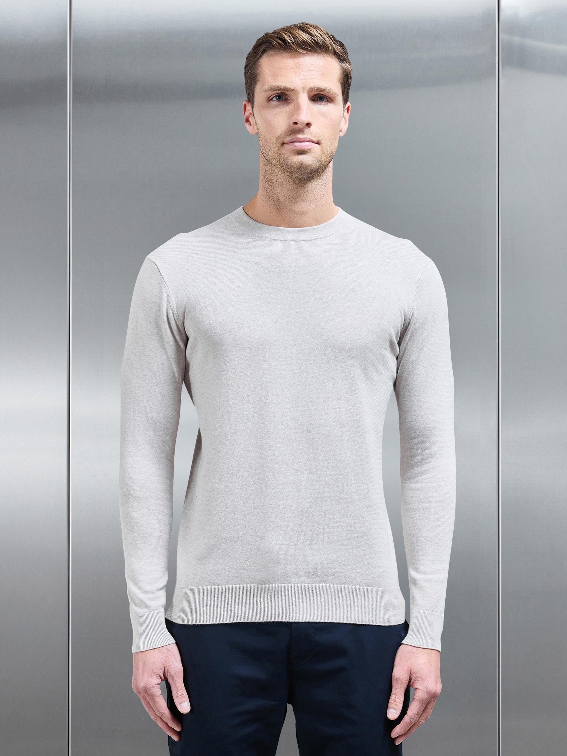 Cotton Knitted Crew Neck Sweatshirt in Stone
