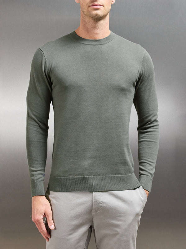 Cotton Knitted Crew Neck Sweatshirt in Sage