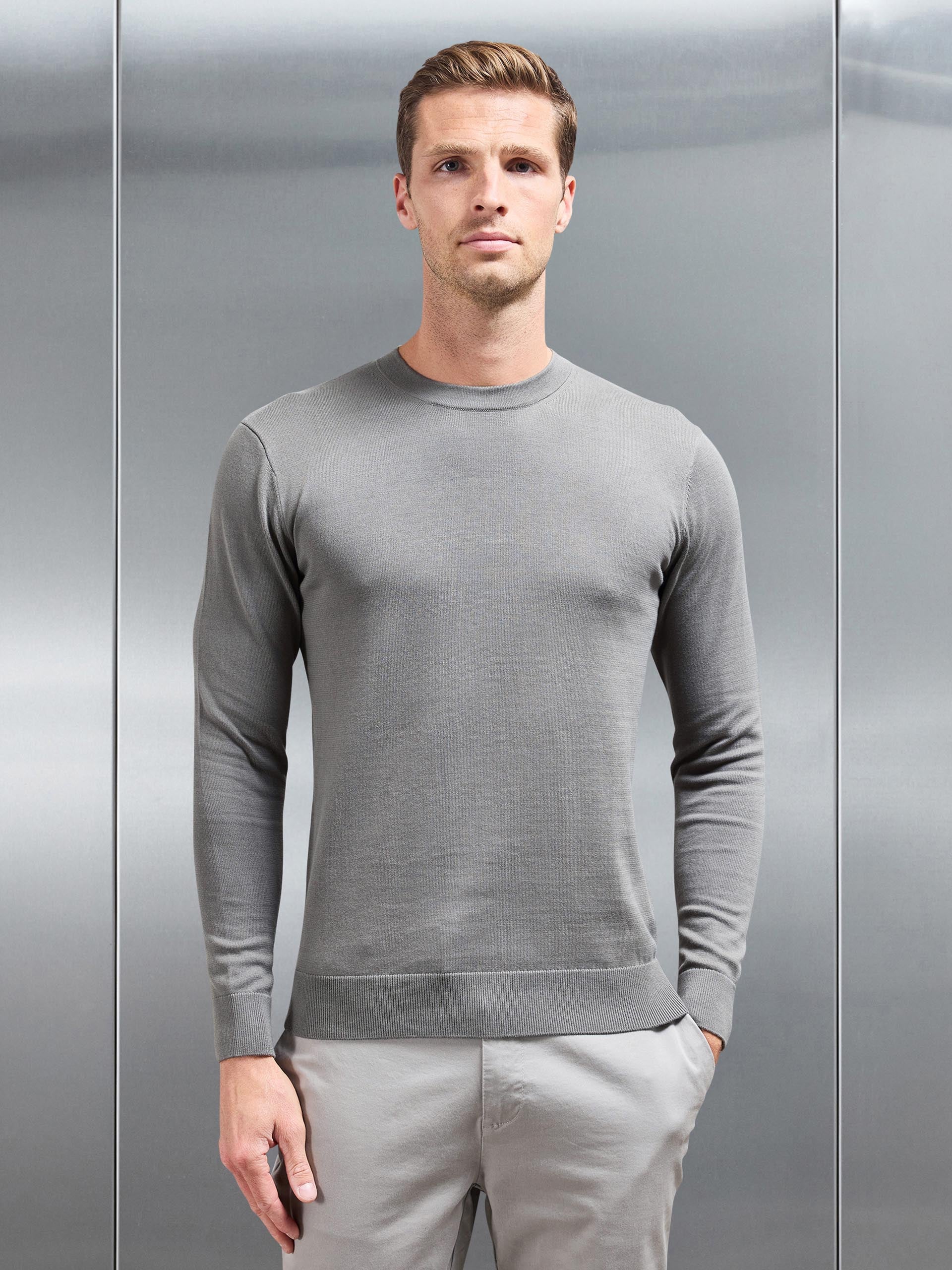 Cotton Knitted Crew Neck Sweatshirt in Sage