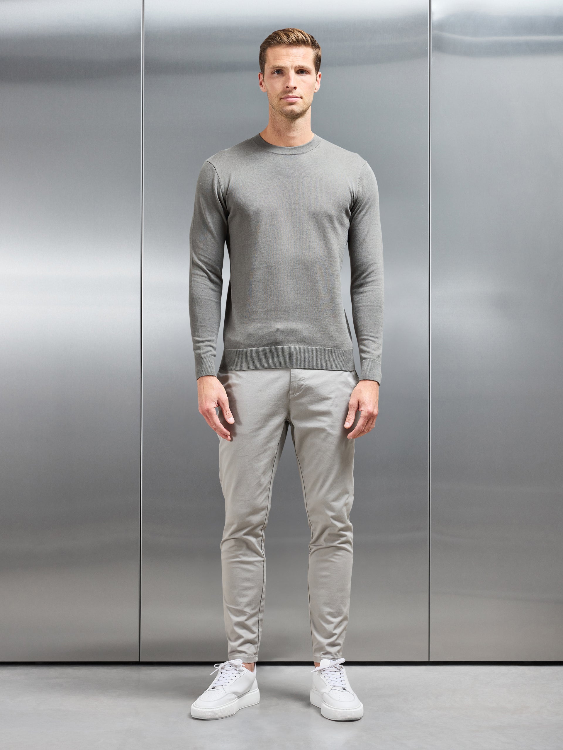 Cotton Knitted Crew Neck Sweatshirt in Sage