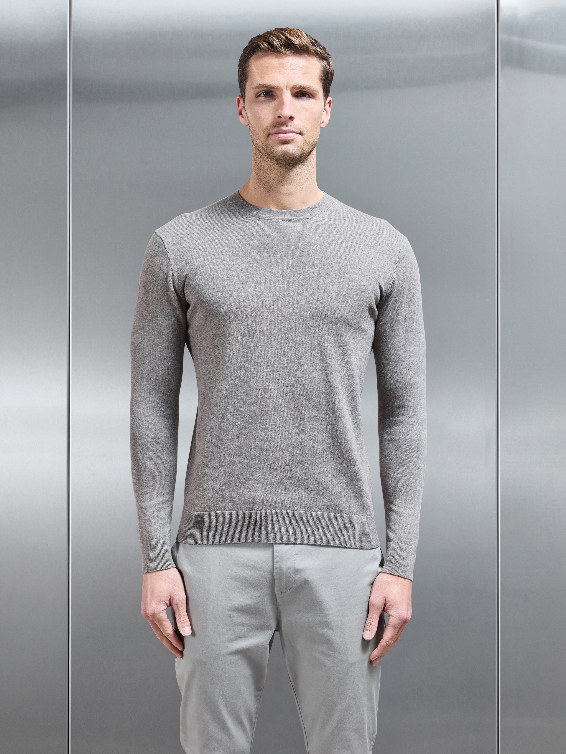 Cotton Knitted Crew Neck Sweatshirt in Taupe Marl