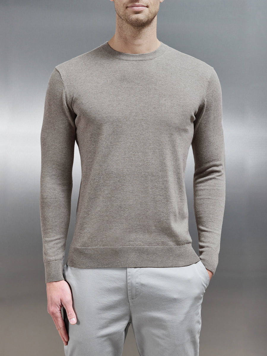 Cotton Knitted Crew Neck Sweatshirt in Taupe Marl