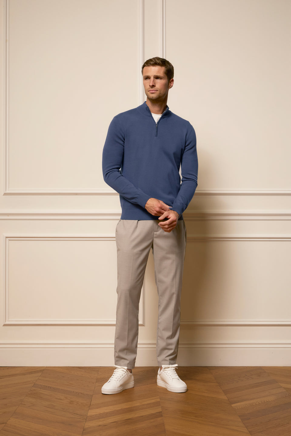 Cotton Knitted Half Zip Funnel Neck Jumper in Slate Blue