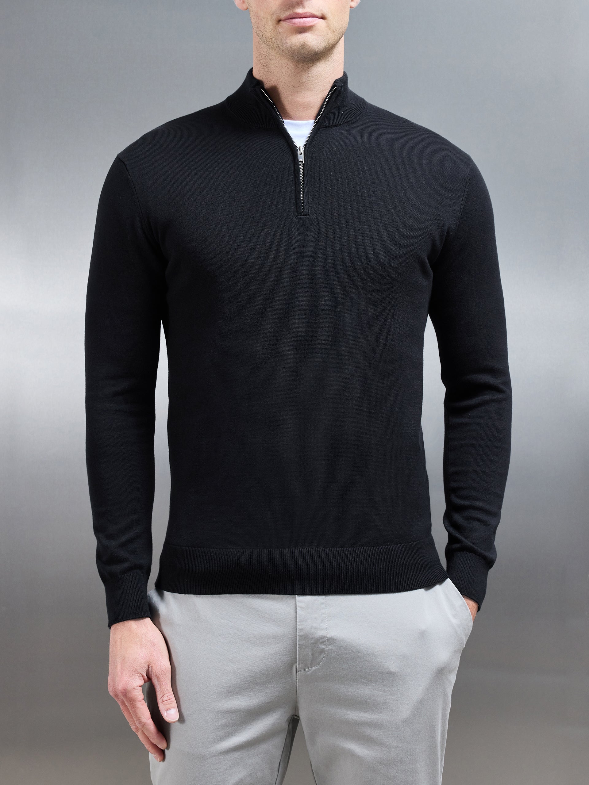 Cotton Knitted Half Zip Funnel Neck Jumper in Black ARNE