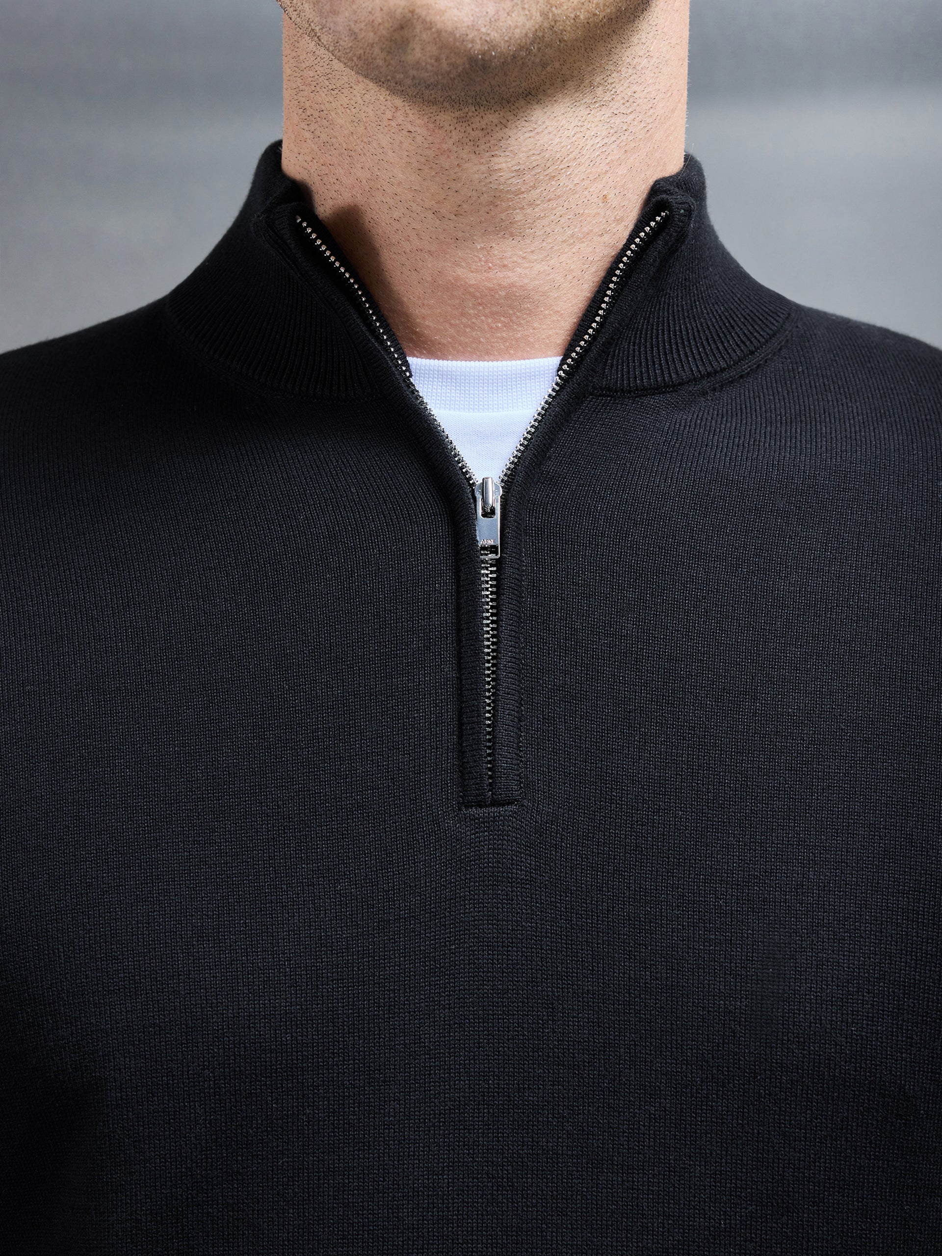 Cotton Knitted Half Zip Funnel Neck Jumper in Black