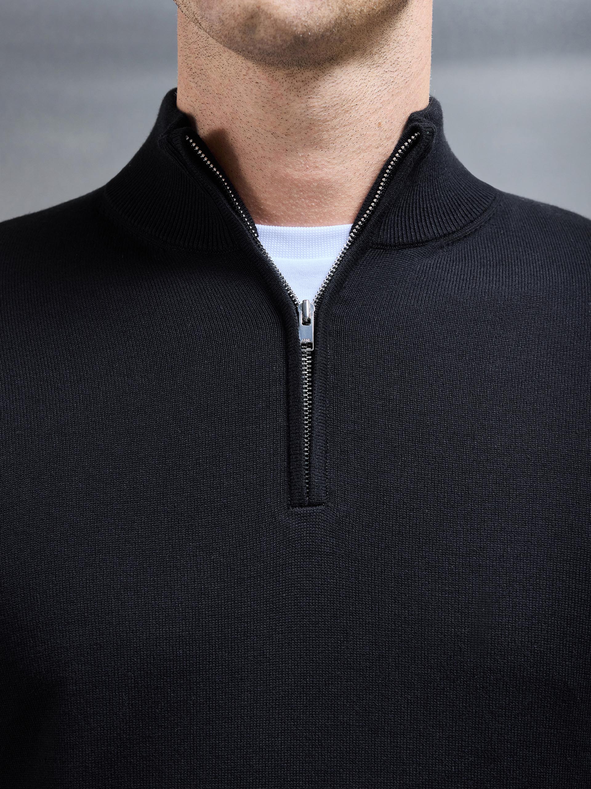 Cotton Knitted Half Zip Funnel Neck Jumper in Black