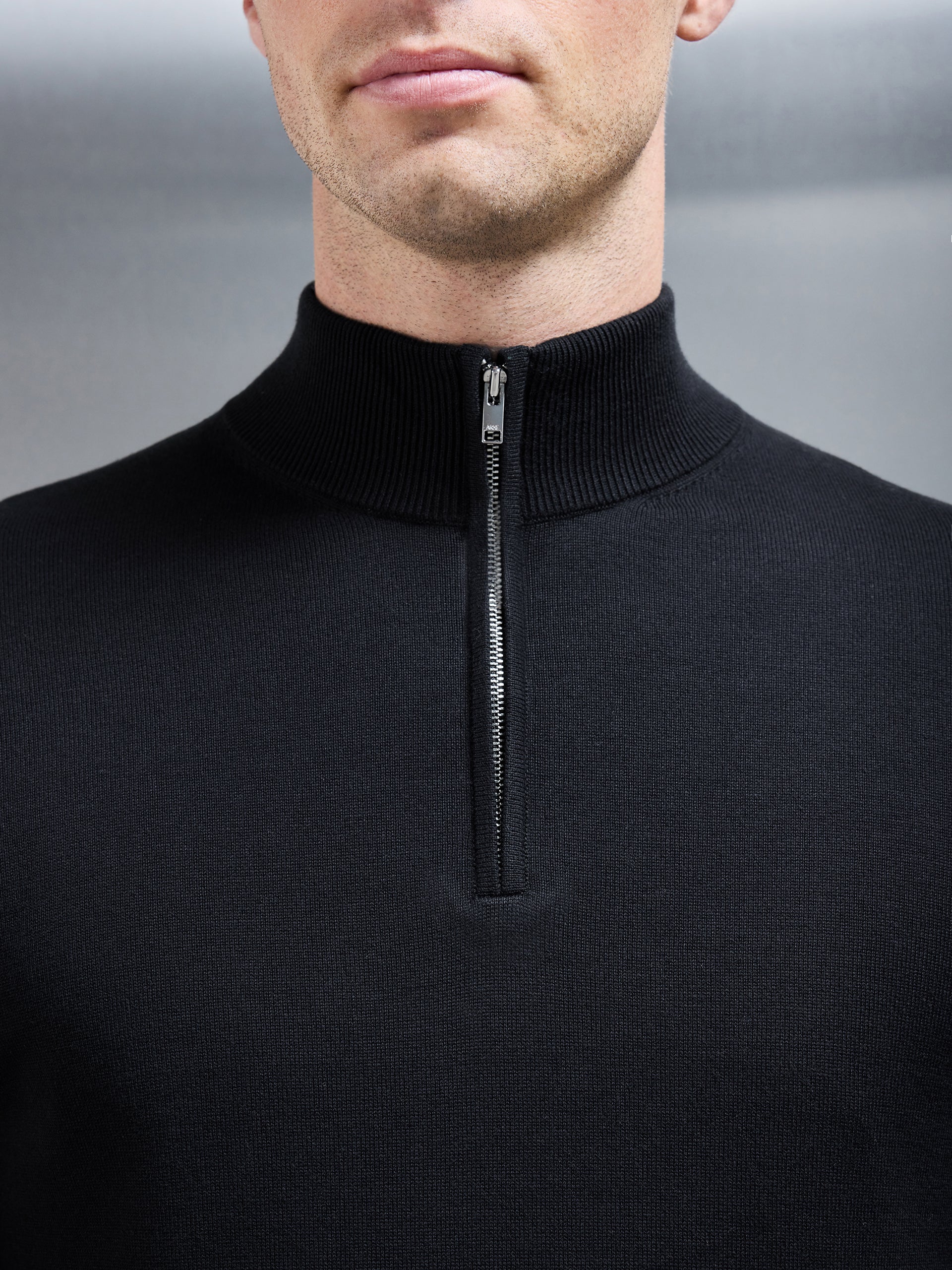Cotton Knitted Half Zip Funnel Neck Jumper in Black ARNE