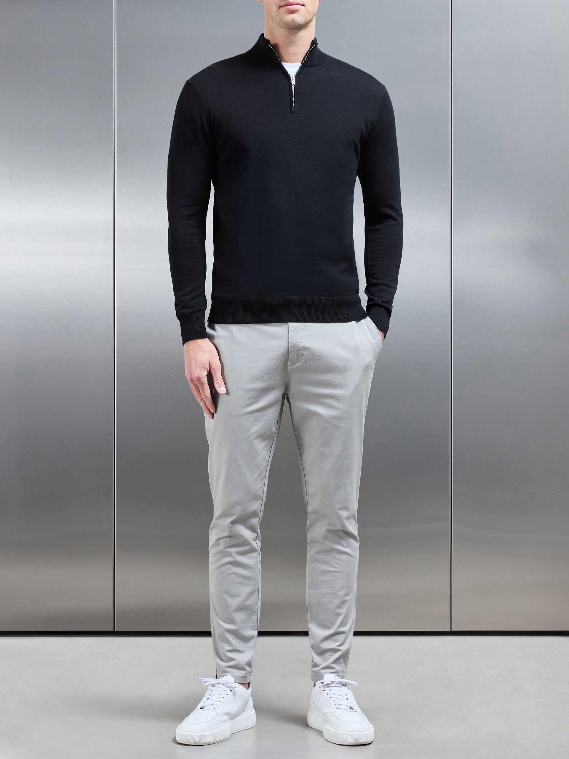 Cotton Knitted Half Zip Funnel Neck Jumper in Black