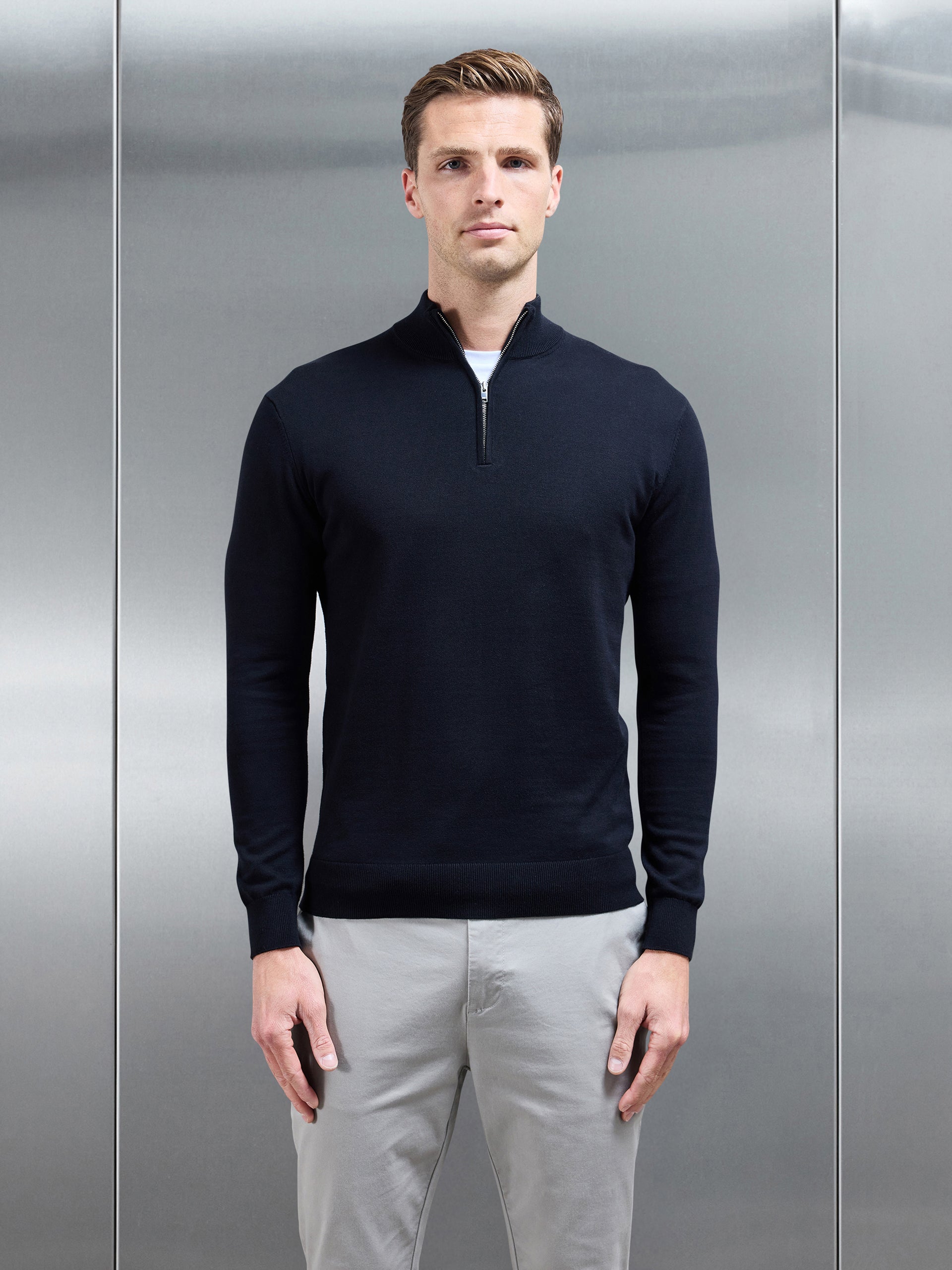 Cotton Knitted Half Zip Funnel Neck Jumper in Black