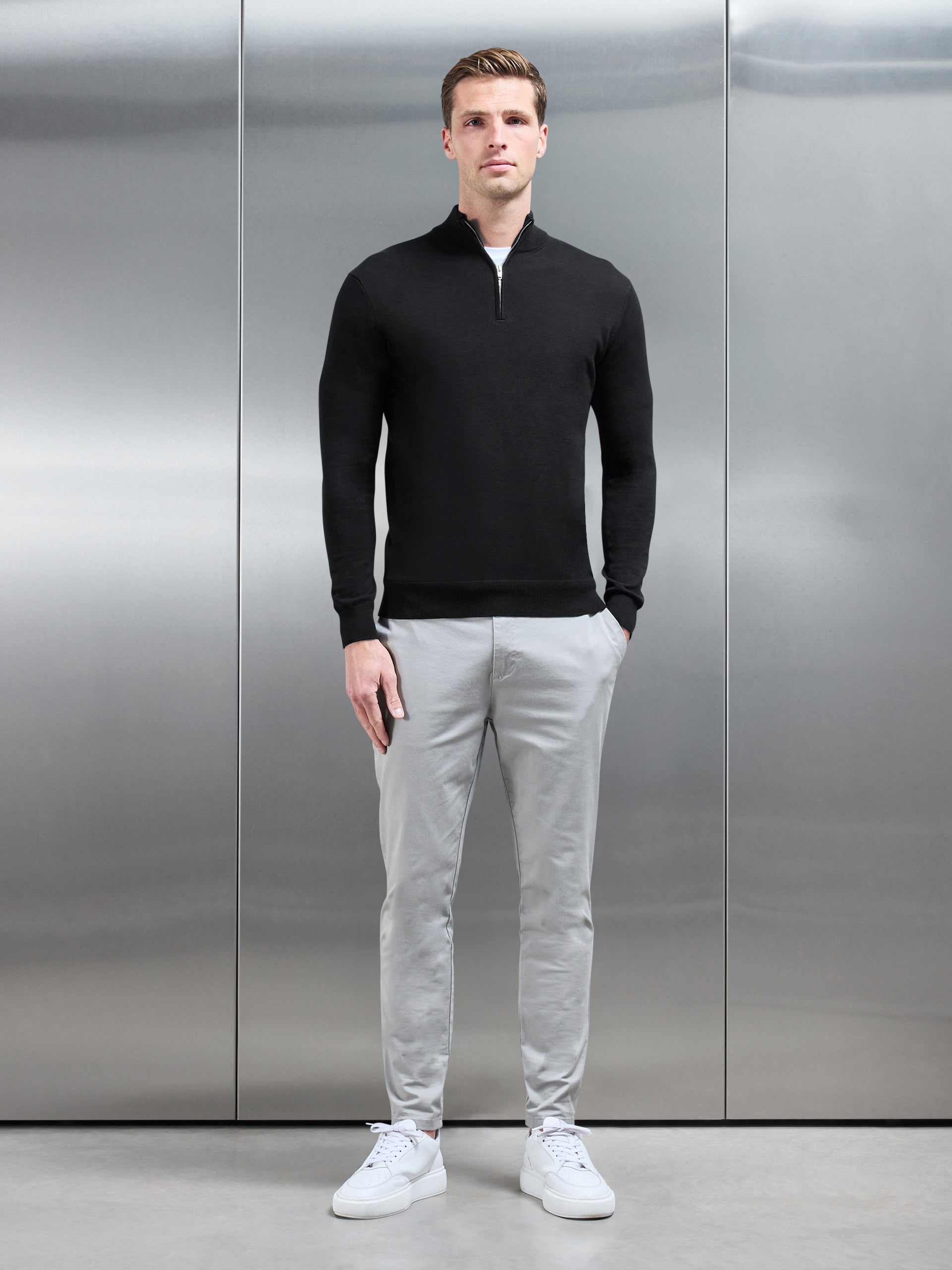 Cotton Knitted Half Zip Funnel Neck Jumper in Black