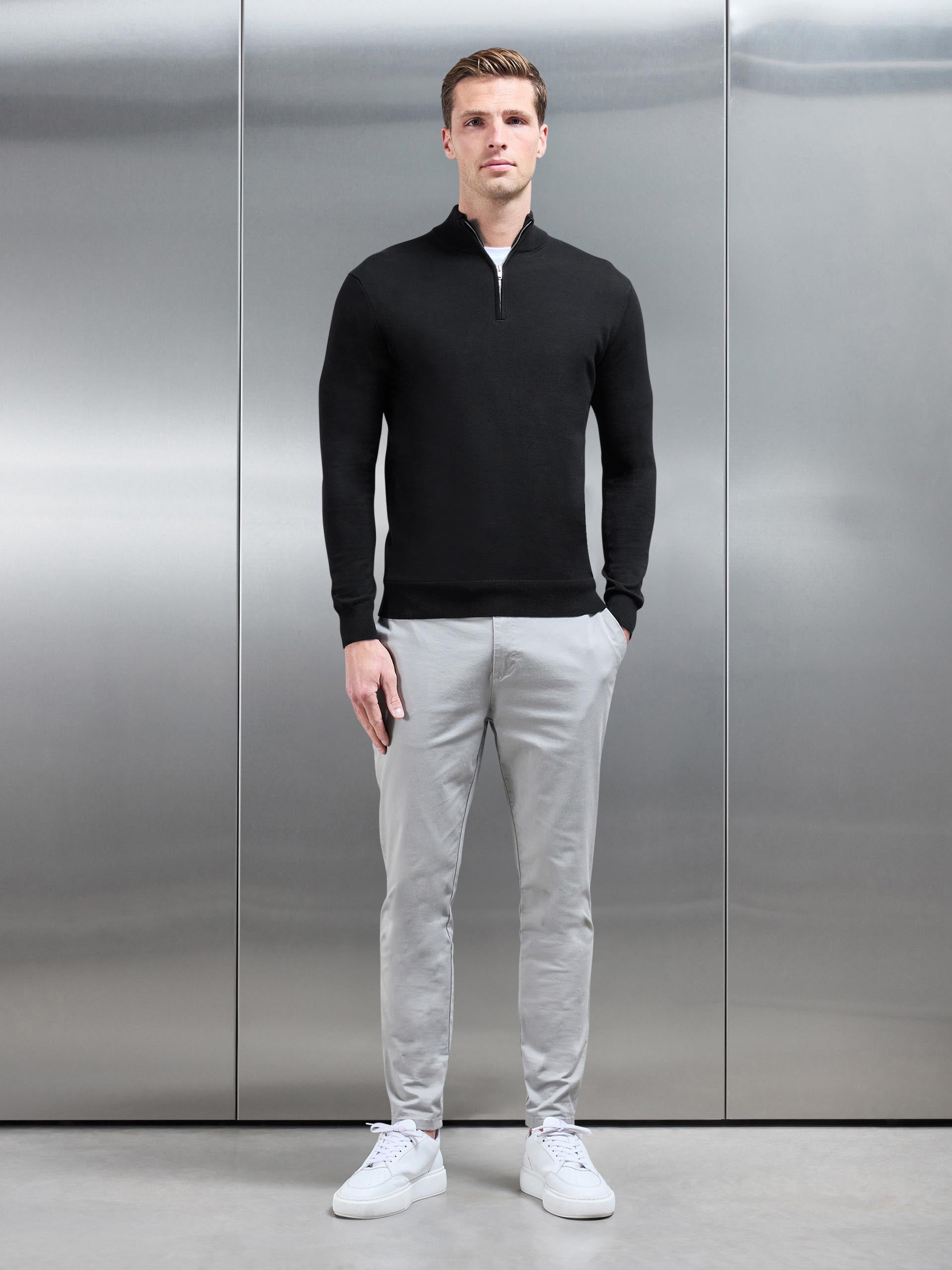 Cotton Knitted Half Zip Funnel Neck Jumper in Black