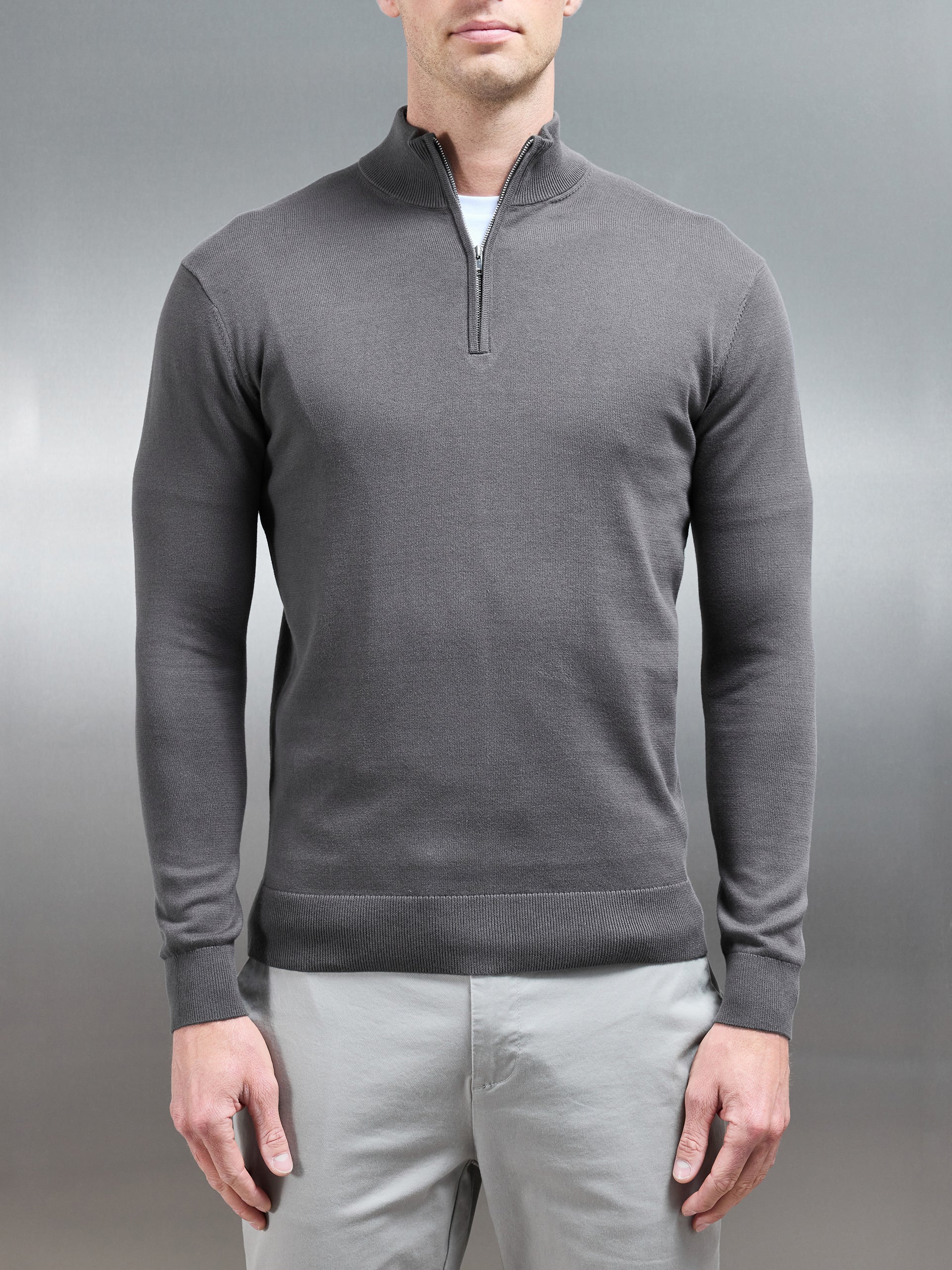 Cotton Knitted Half Zip Funnel Neck Jumper in Charcoal