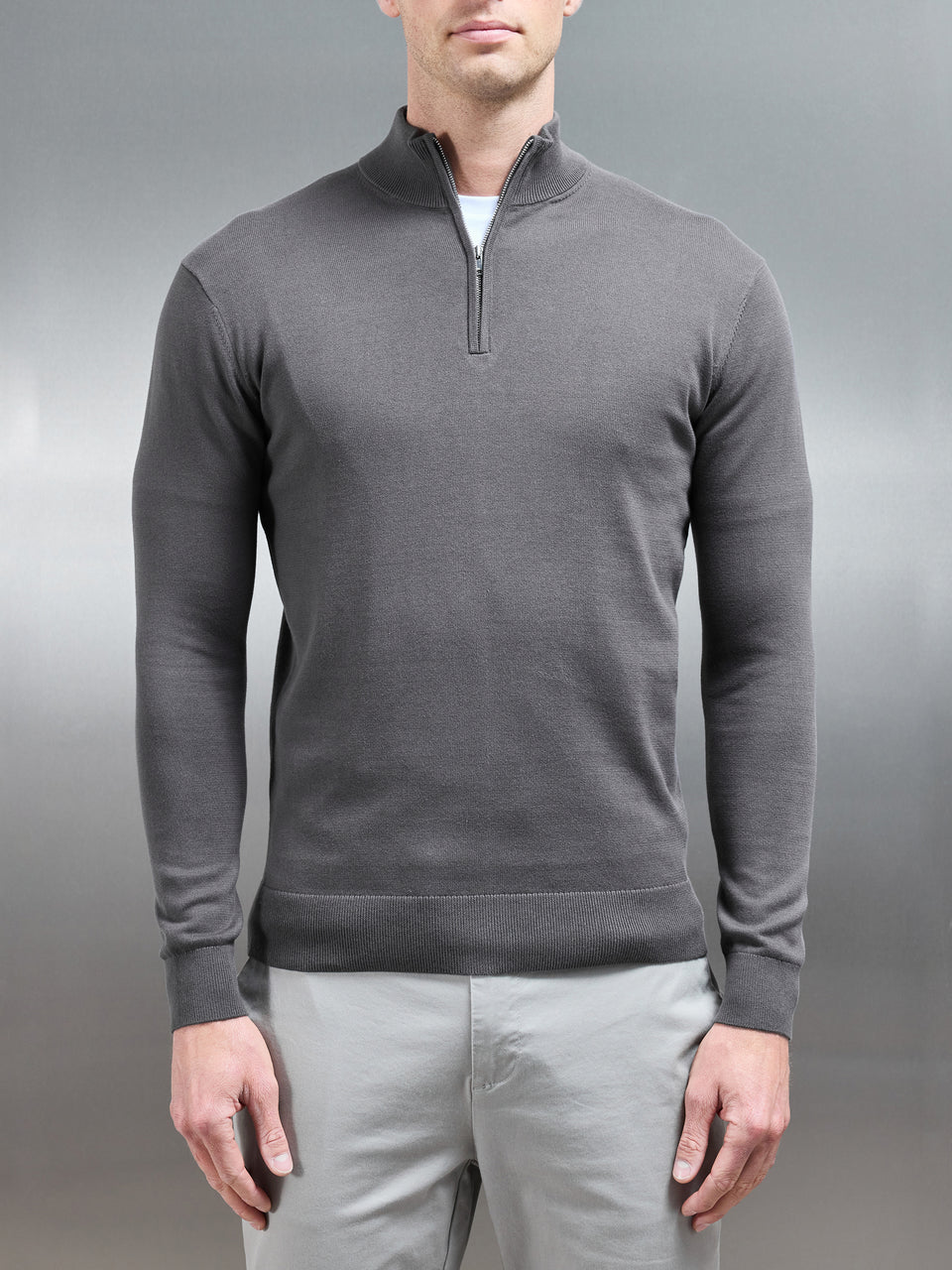 Cotton Knitted Half Zip Funnel Neck Jumper in Charcoal
