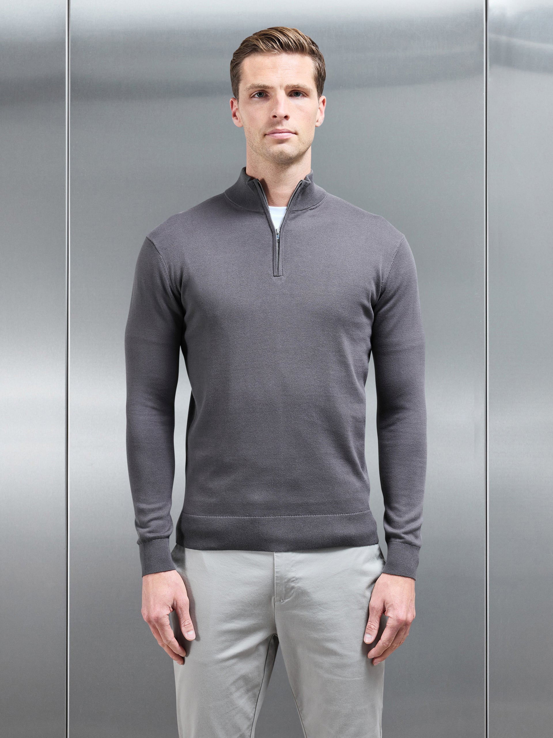 Cotton Knitted Half Zip Funnel Neck Jumper in Charcoal