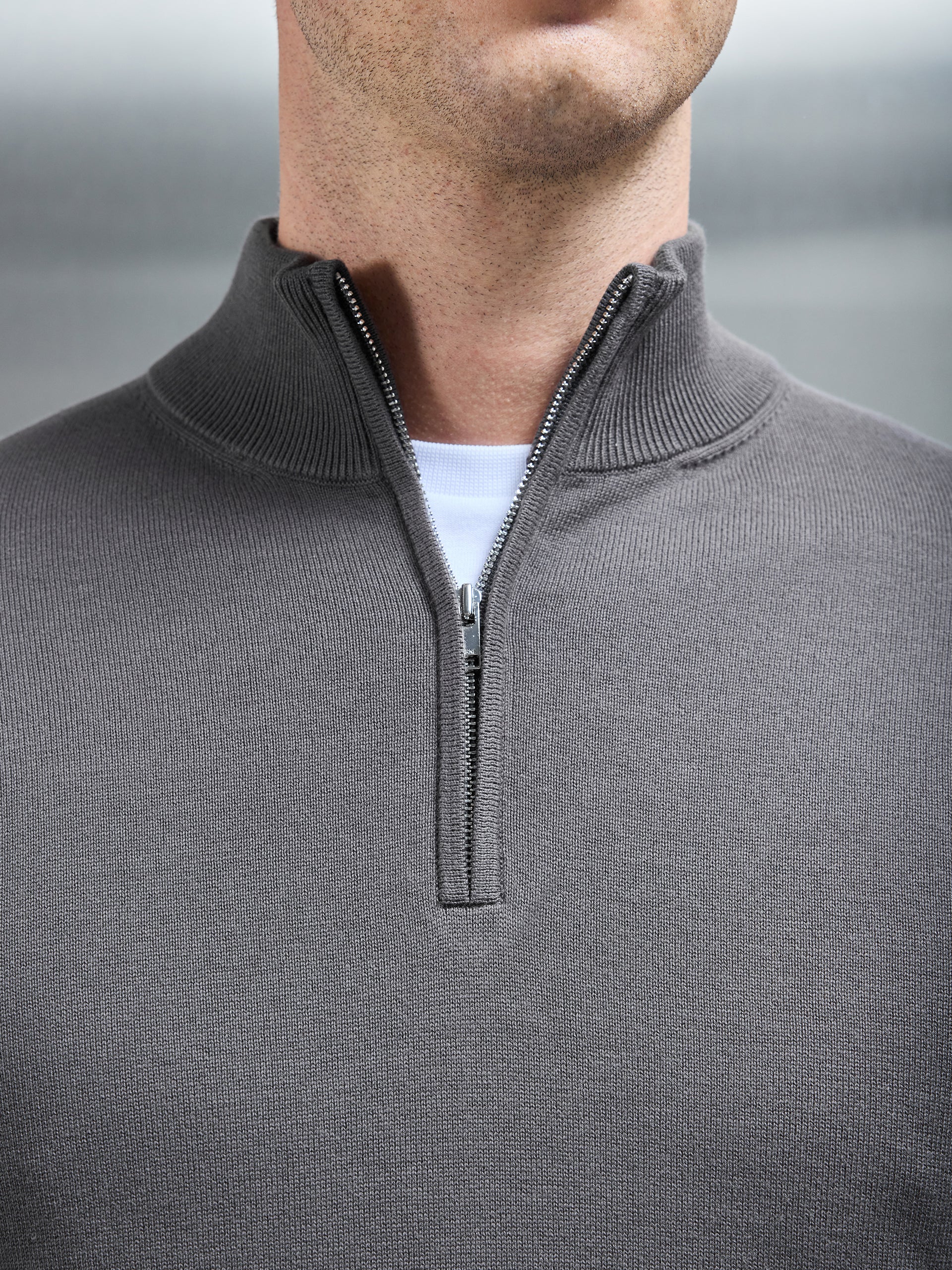 Cotton Knitted Half Zip Funnel Neck Jumper in Charcoal