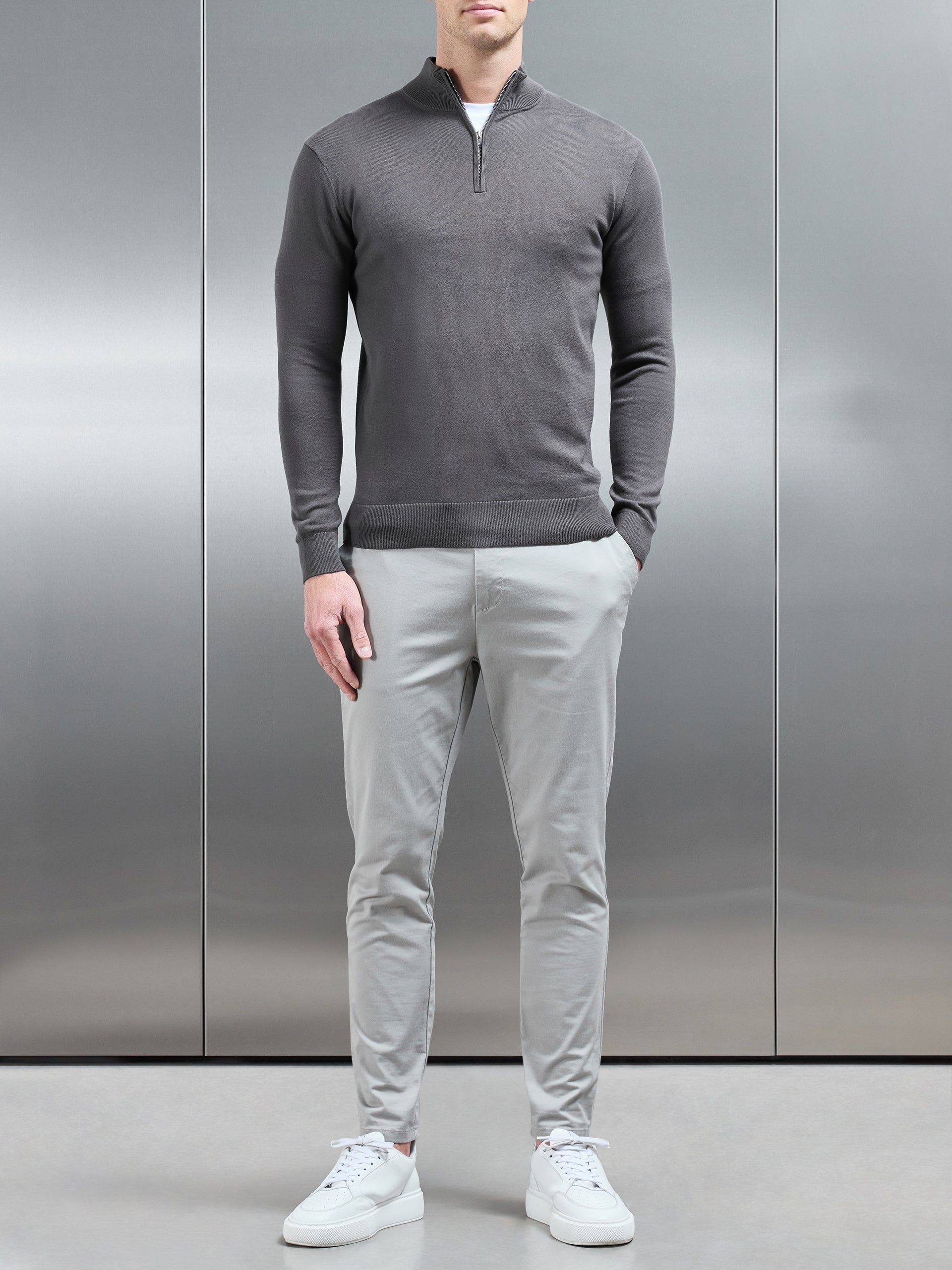 Cotton Knitted Half Zip Funnel Neck Jumper in Charcoal