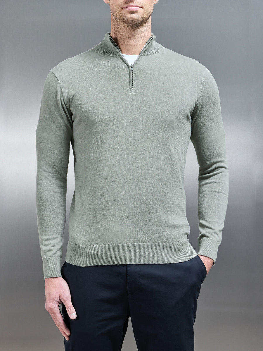 Cotton Knitted Half Zip Funnel Neck Jumper in Light Sage