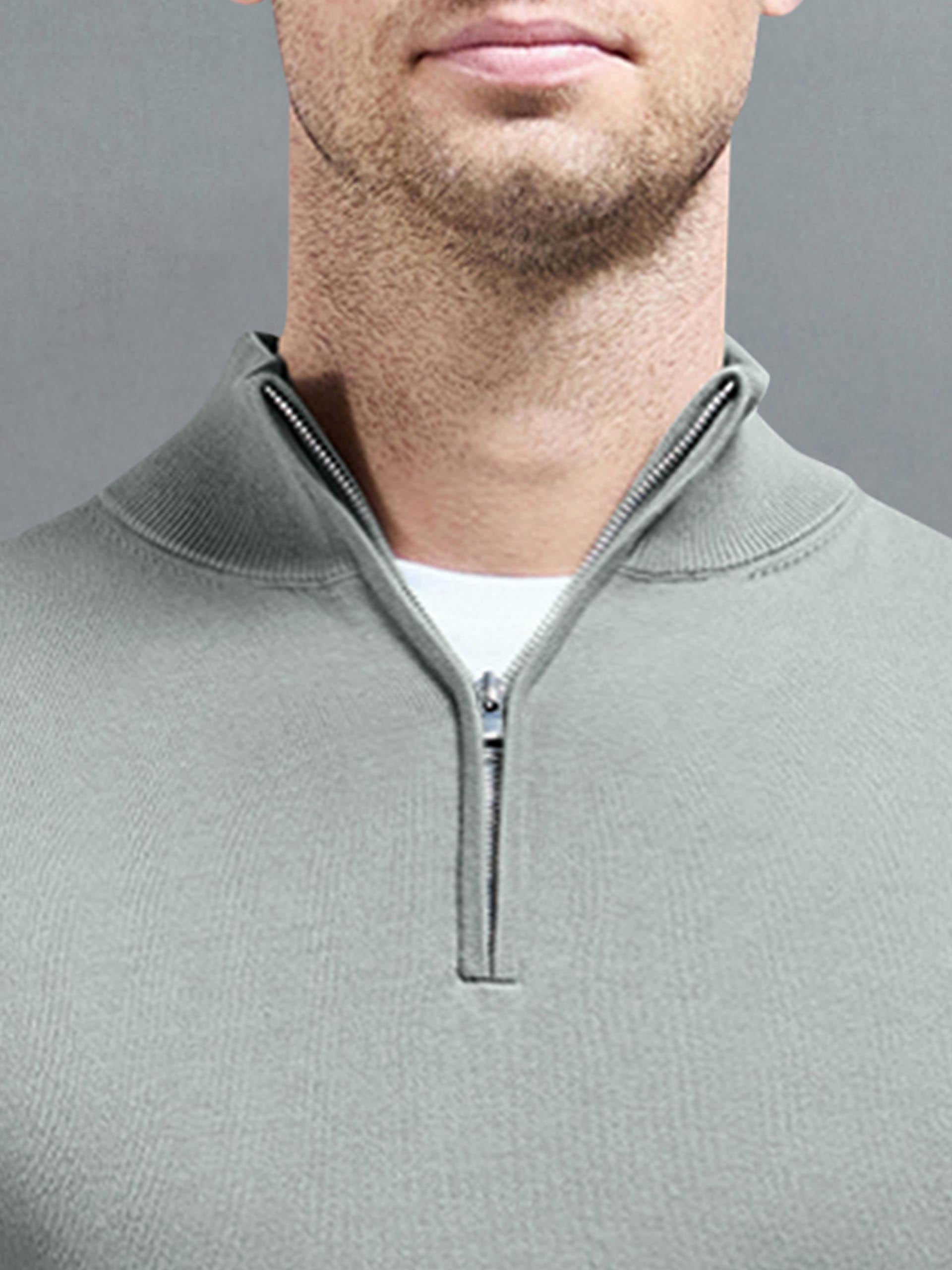 Cotton Knitted Half Zip Funnel Neck Jumper in Light Sage