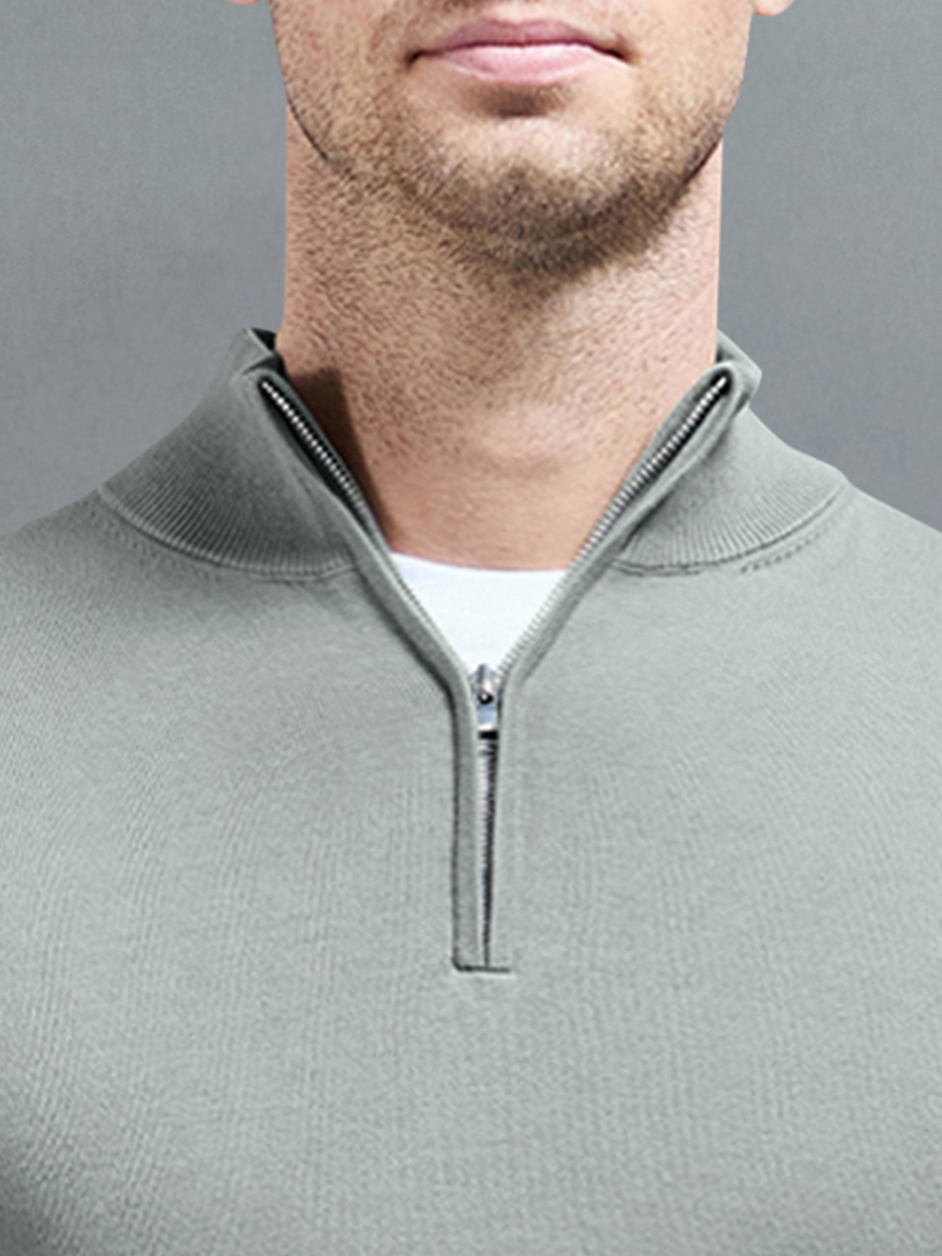 Cotton Knitted Half Zip Funnel Neck Jumper in Light Sage