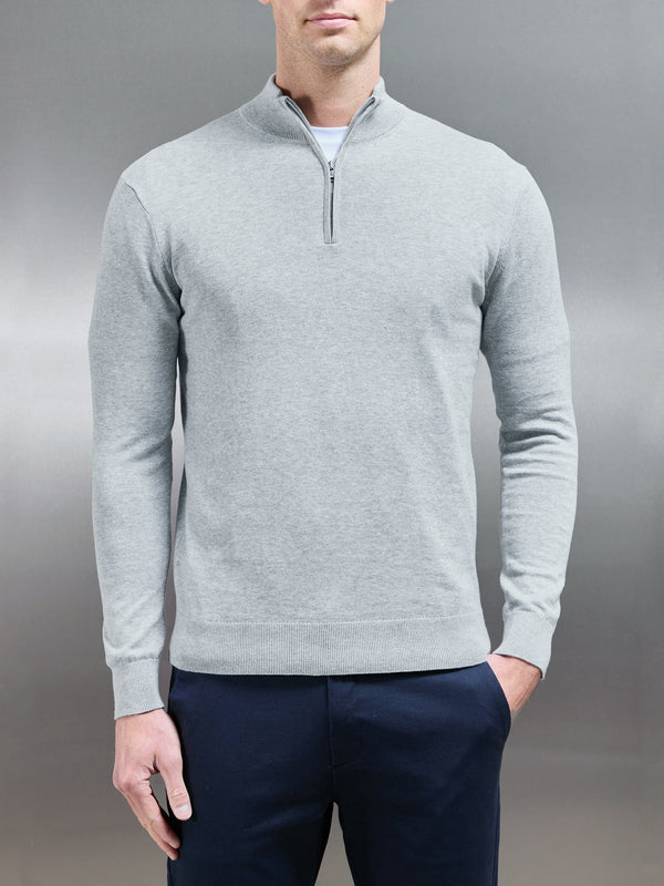 Cotton Knitted Half Zip Funnel Neck Jumper in Marl Grey