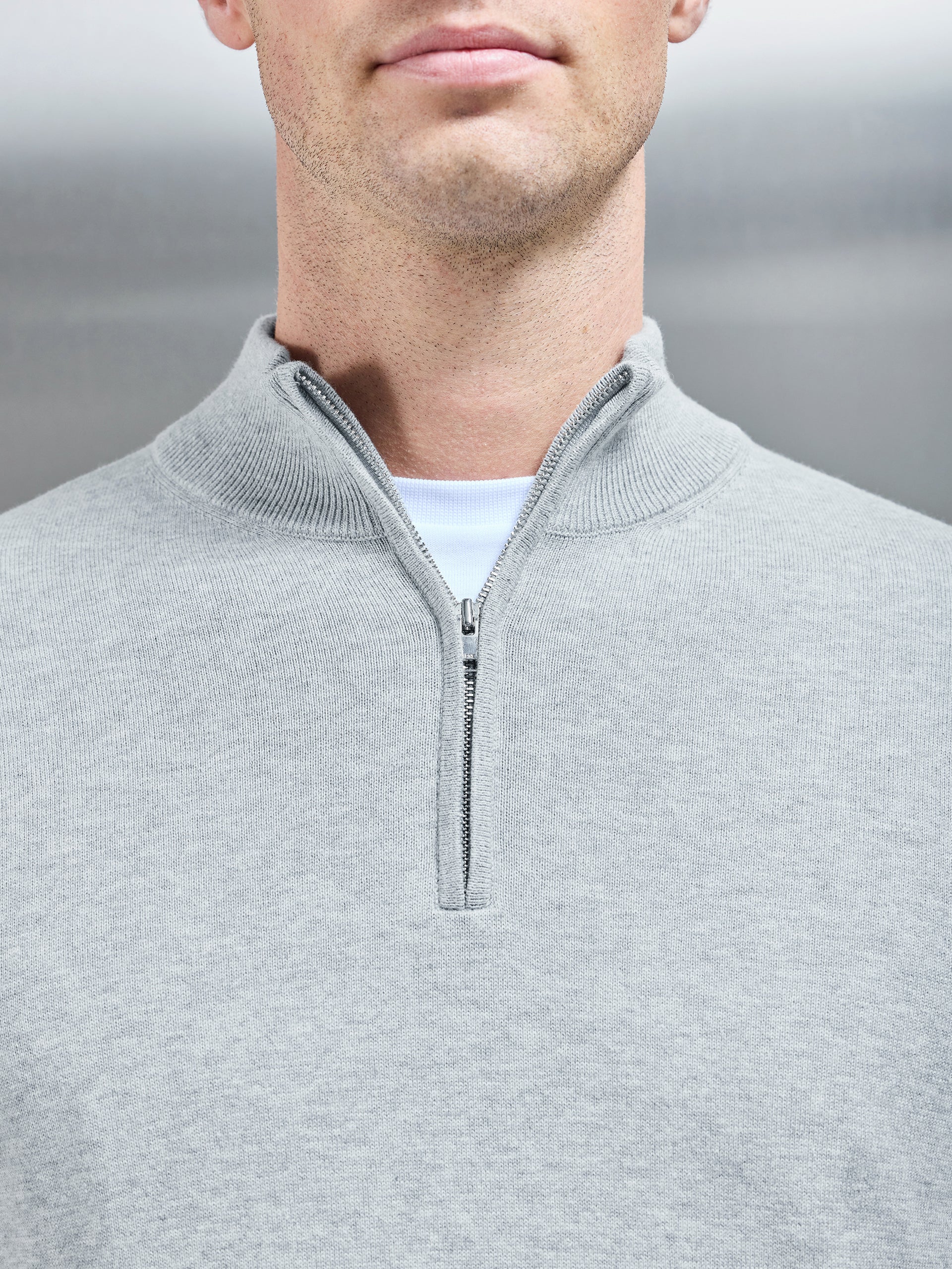 Cotton Knitted Half Zip Funnel Neck Jumper in Marl Grey