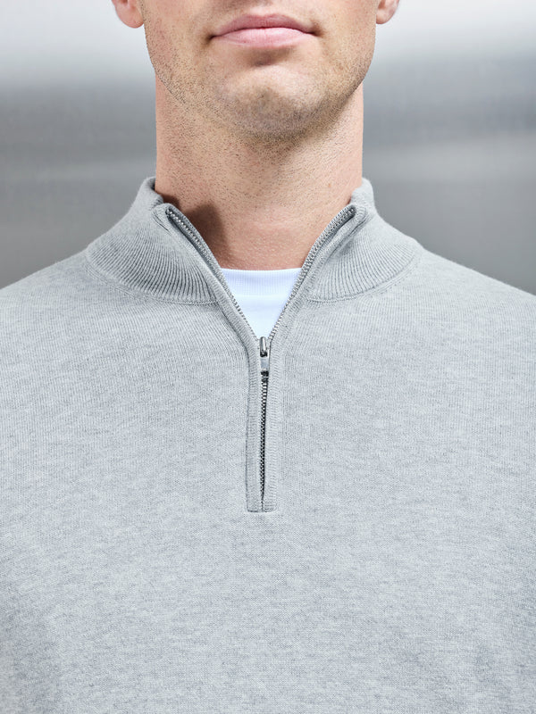 Cotton Knitted Half Zip Funnel Neck Jumper in Marl Grey