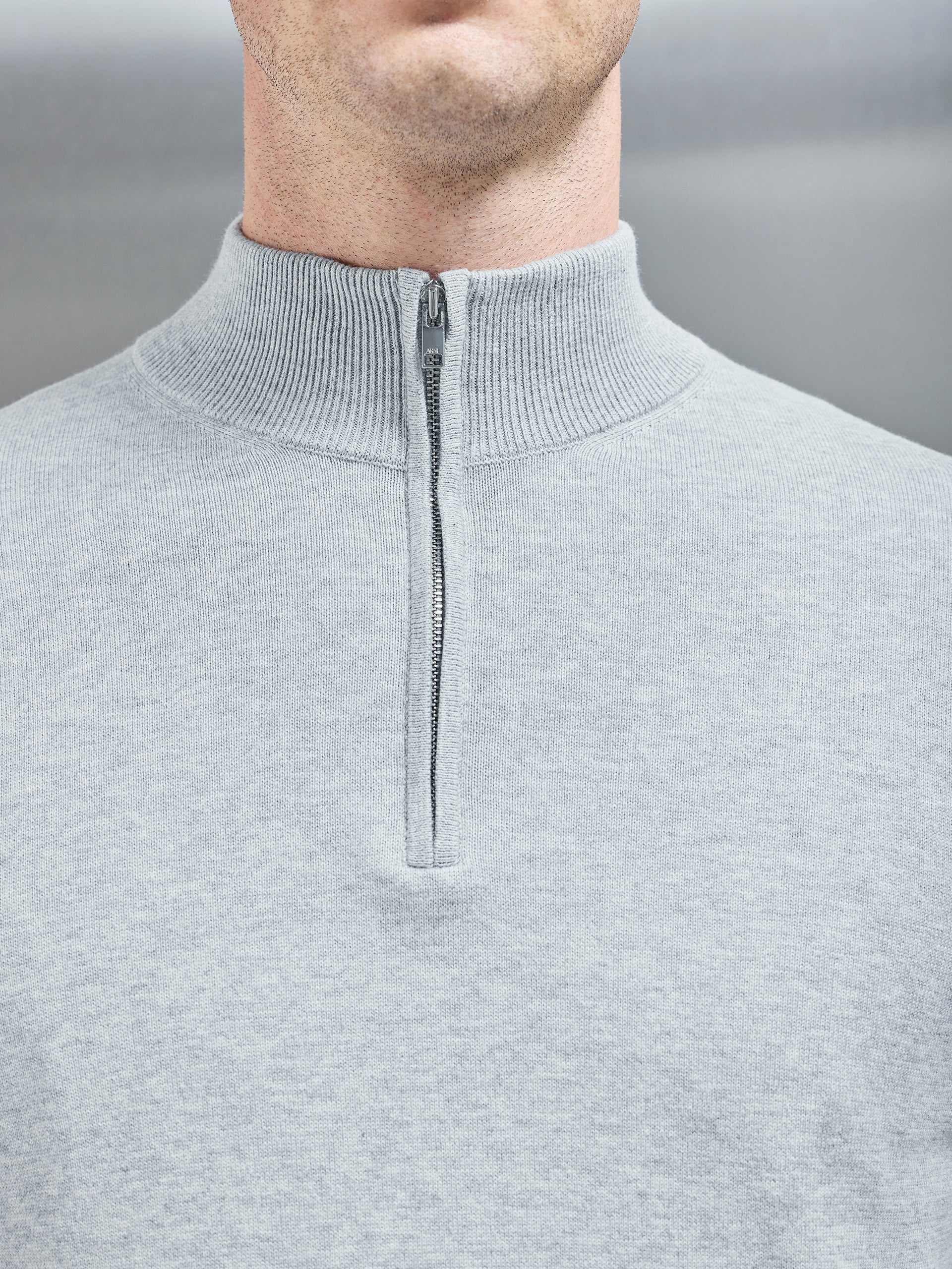 Cotton Knitted Half Zip Funnel Neck Jumper in Marl Grey ARNE