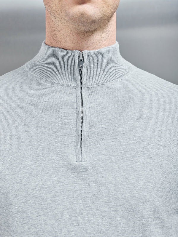 Cotton Knitted Half Zip Funnel Neck Jumper in Marl Grey