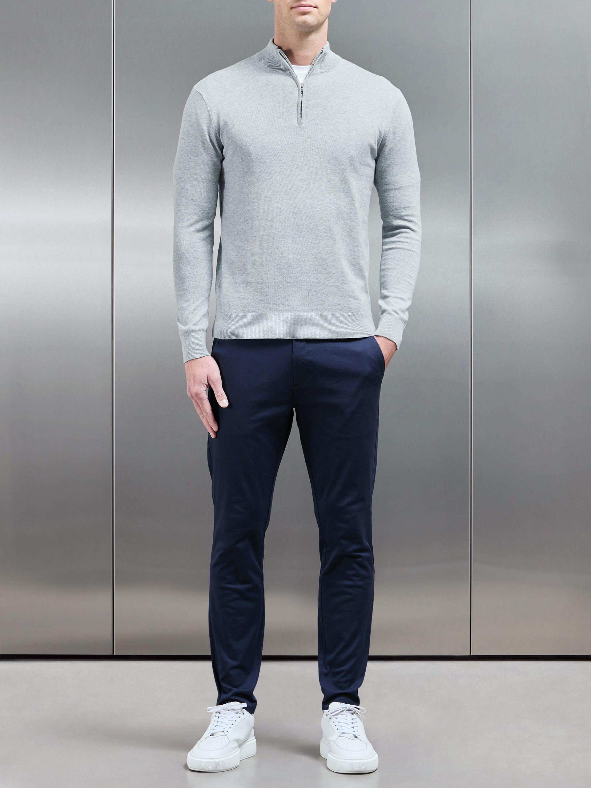Cotton Knitted Half Zip Funnel Neck Jumper in Marl Grey