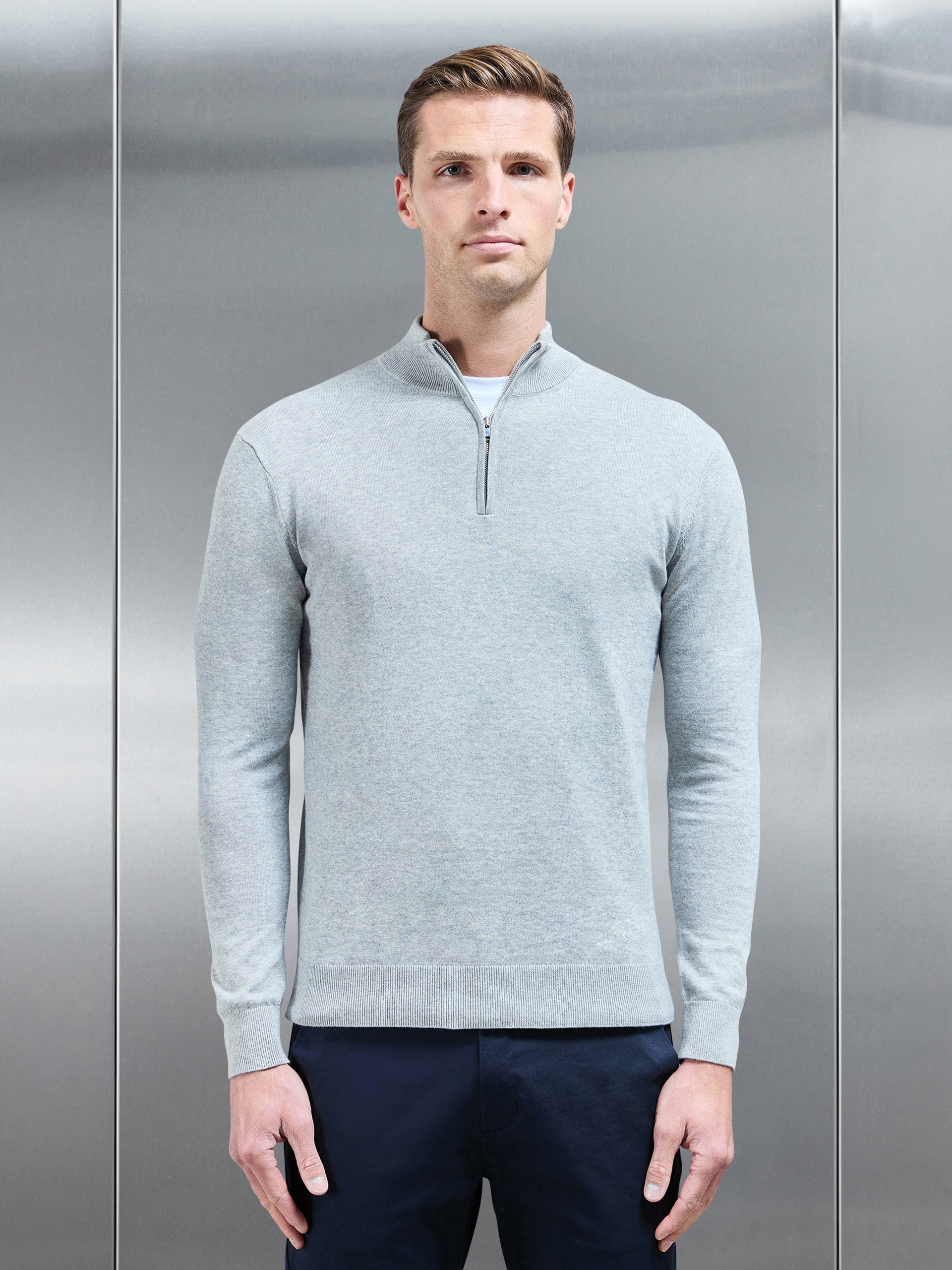 Cotton Knitted Half Zip Funnel Neck Jumper in Marl Grey