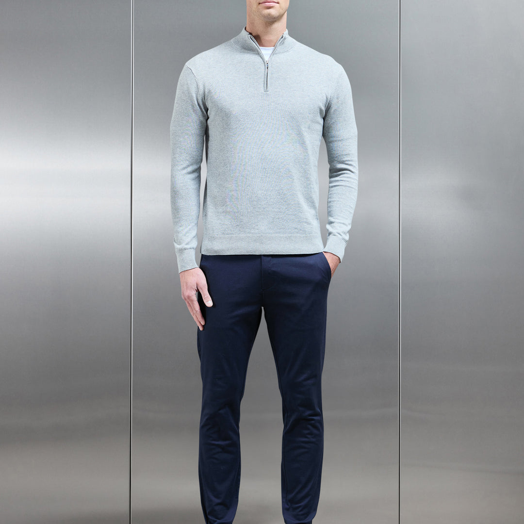 Cotton Knitted Half Zip Funnel Neck Jumper in Marl Grey