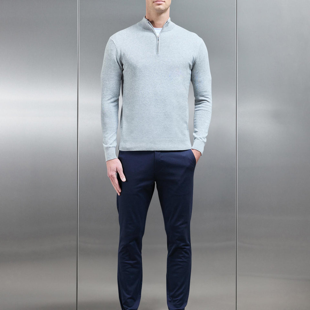 Cotton Knitted Half Zip Funnel Neck Jumper in Marl Grey