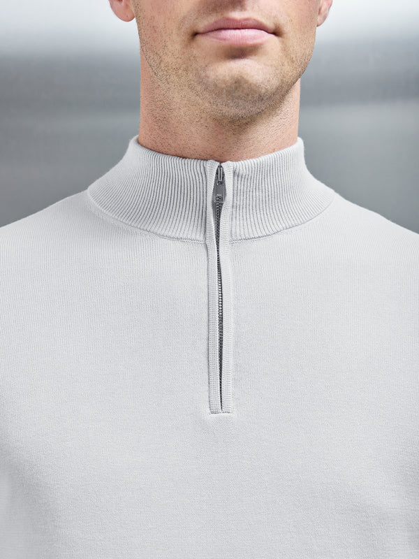 Cotton Knitted Half Zip Funnel Neck Jumper in Mid Grey