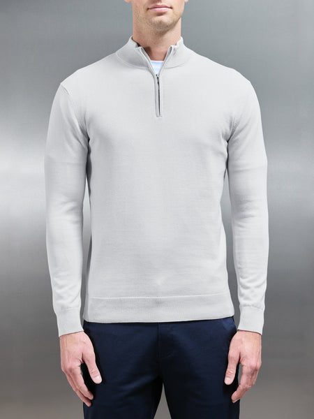 Cotton Knitted Half Zip Funnel Neck Jumper in Mid Grey