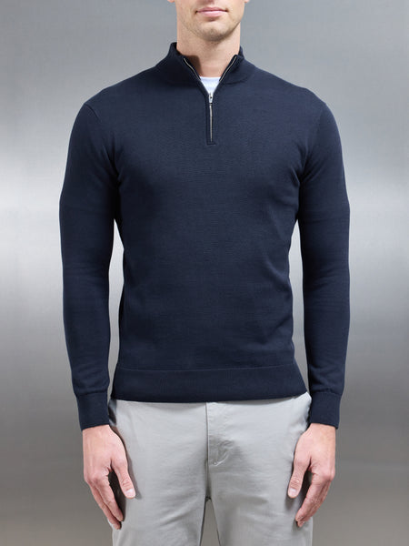 Cotton Knitted Half Zip Funnel Neck Jumper in Navy