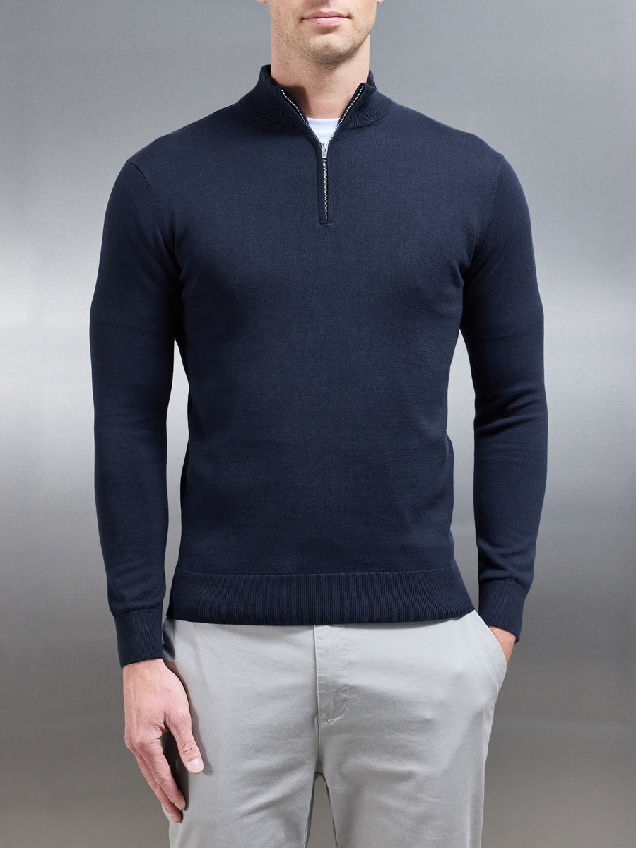 Cotton Knitted Half Zip Funnel Neck Jumper in Navy