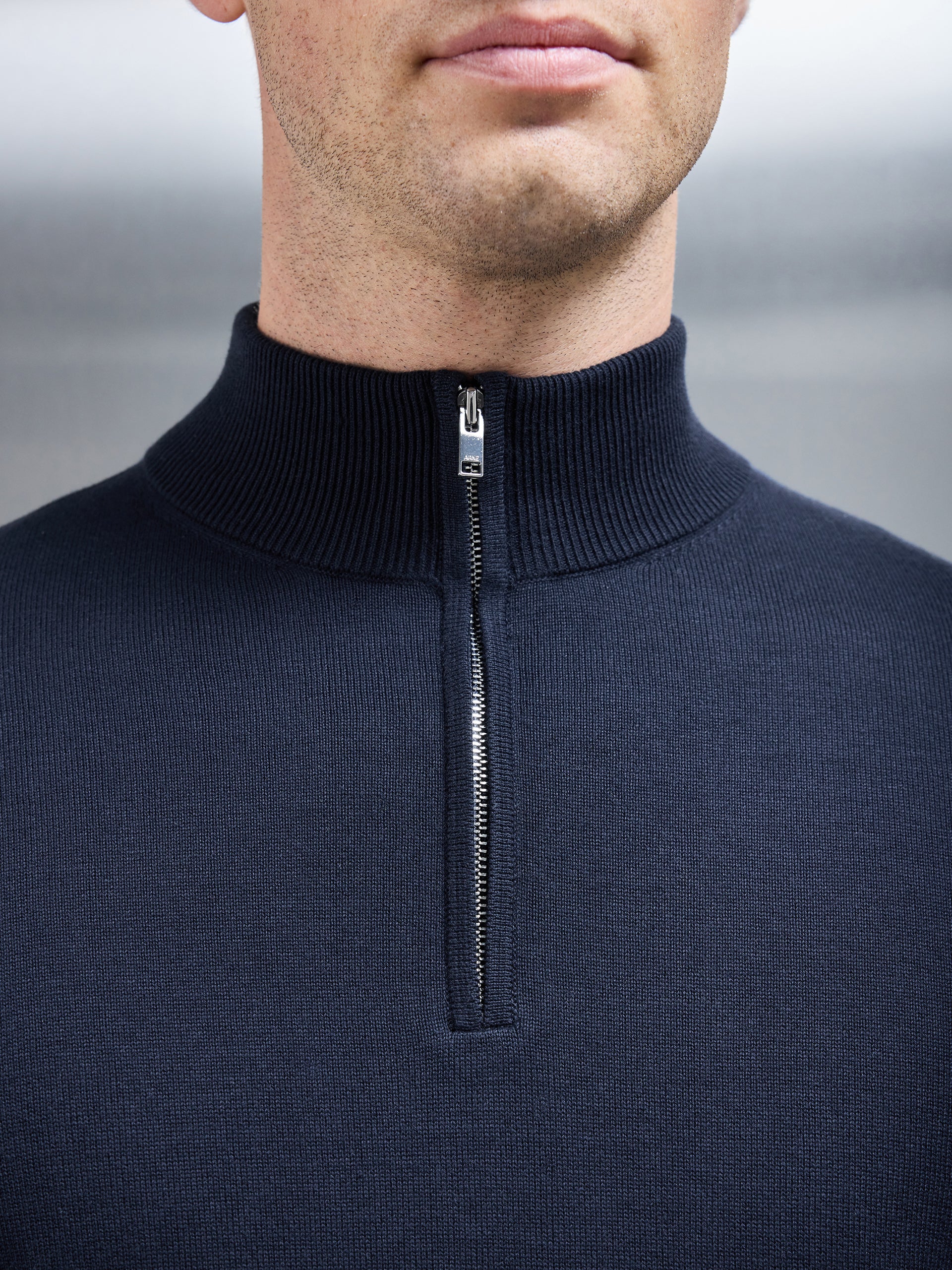 Cotton Knitted Half Zip Funnel Neck Jumper in Navy ARNE