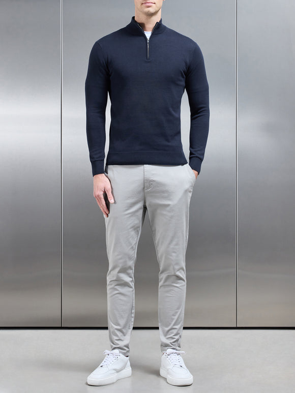 Cotton Knitted Half Zip Funnel Neck Jumper in Navy