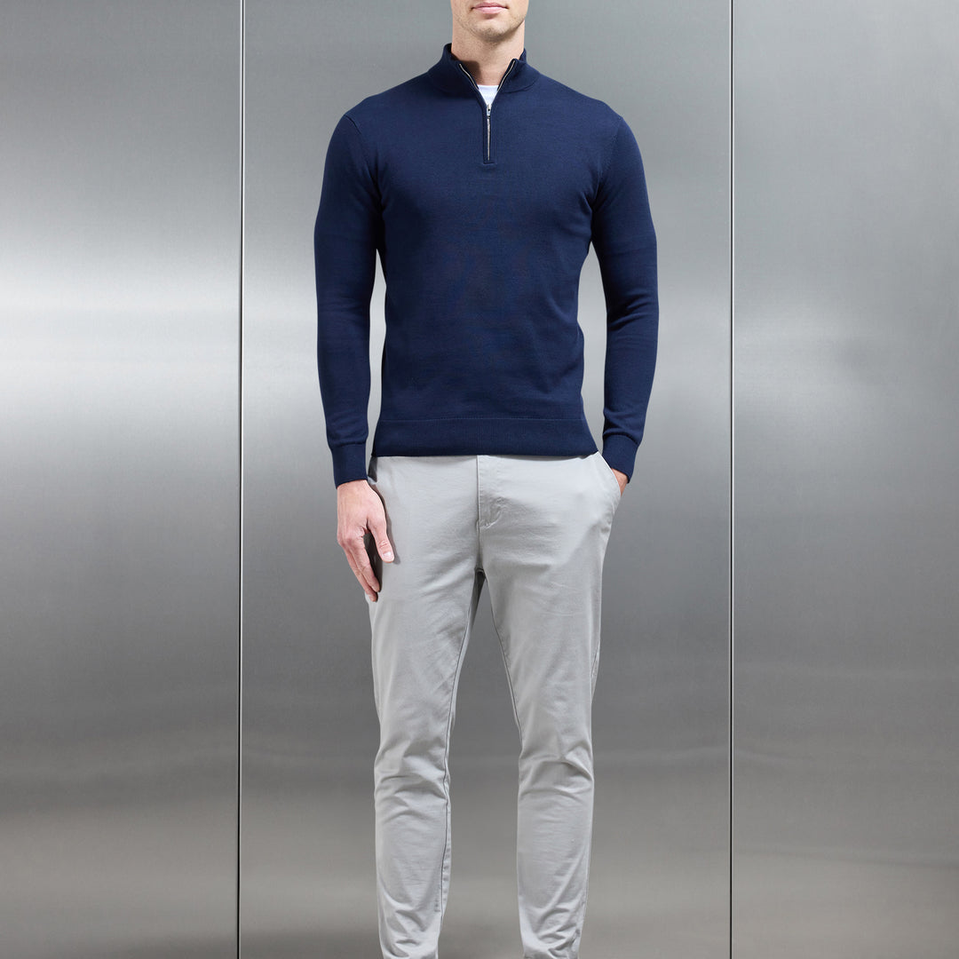 Cotton Knitted Half Zip Funnel Neck Jumper in Navy