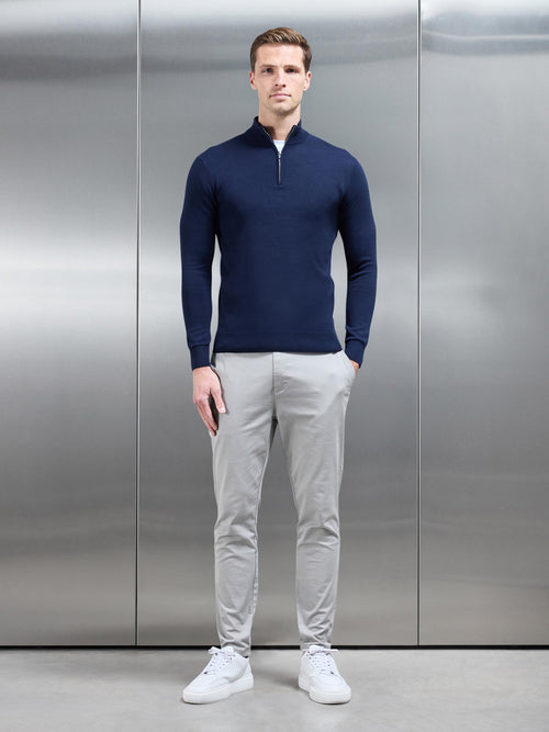 Cotton Knitted Half Zip Funnel Neck Jumper in Navy