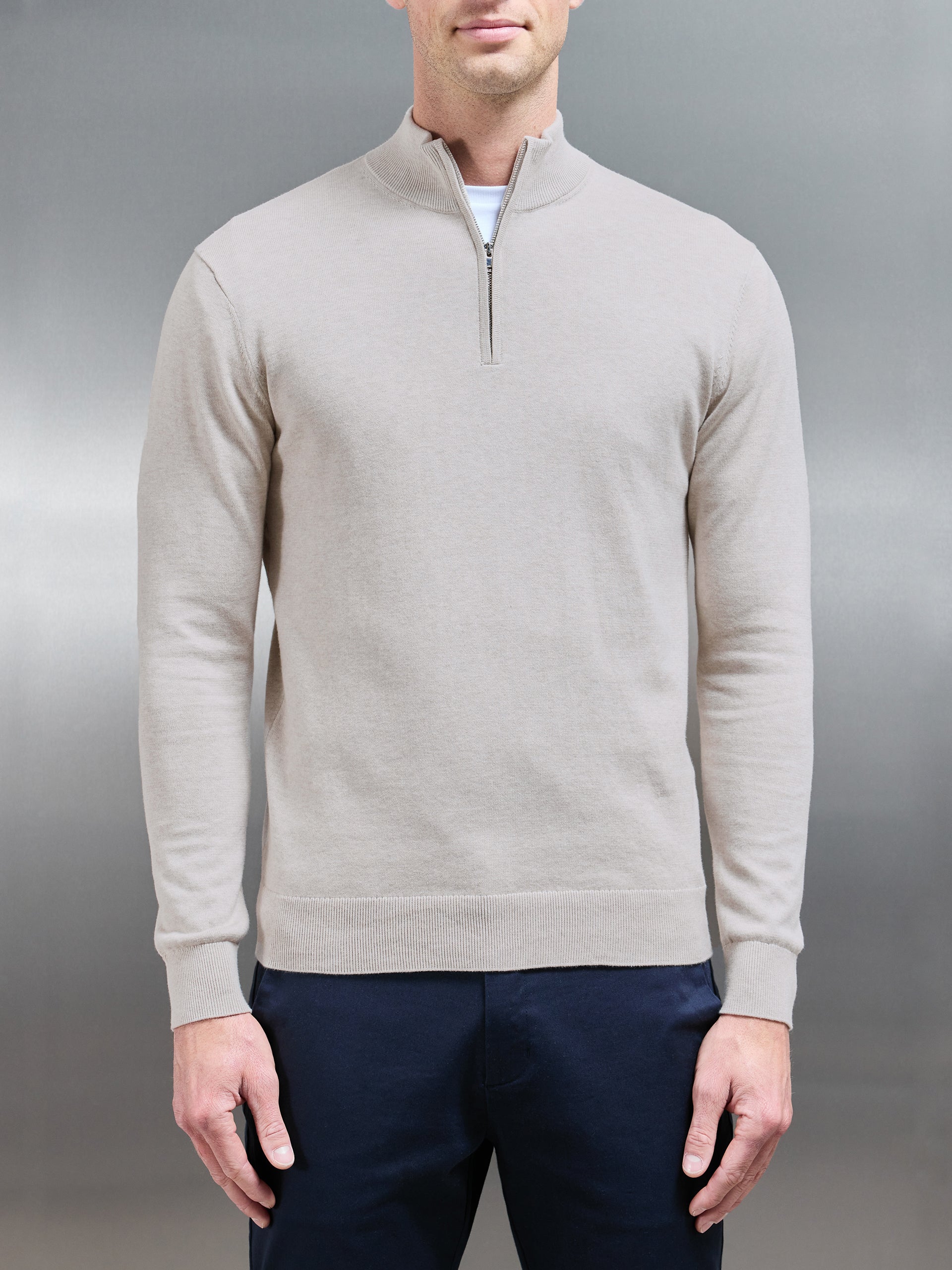 Cotton Knitted Half Zip Funnel Neck Jumper in Oatmeal