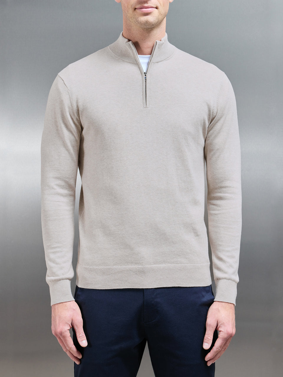 Cotton Knitted Half Zip Funnel Neck Jumper in Oatmeal