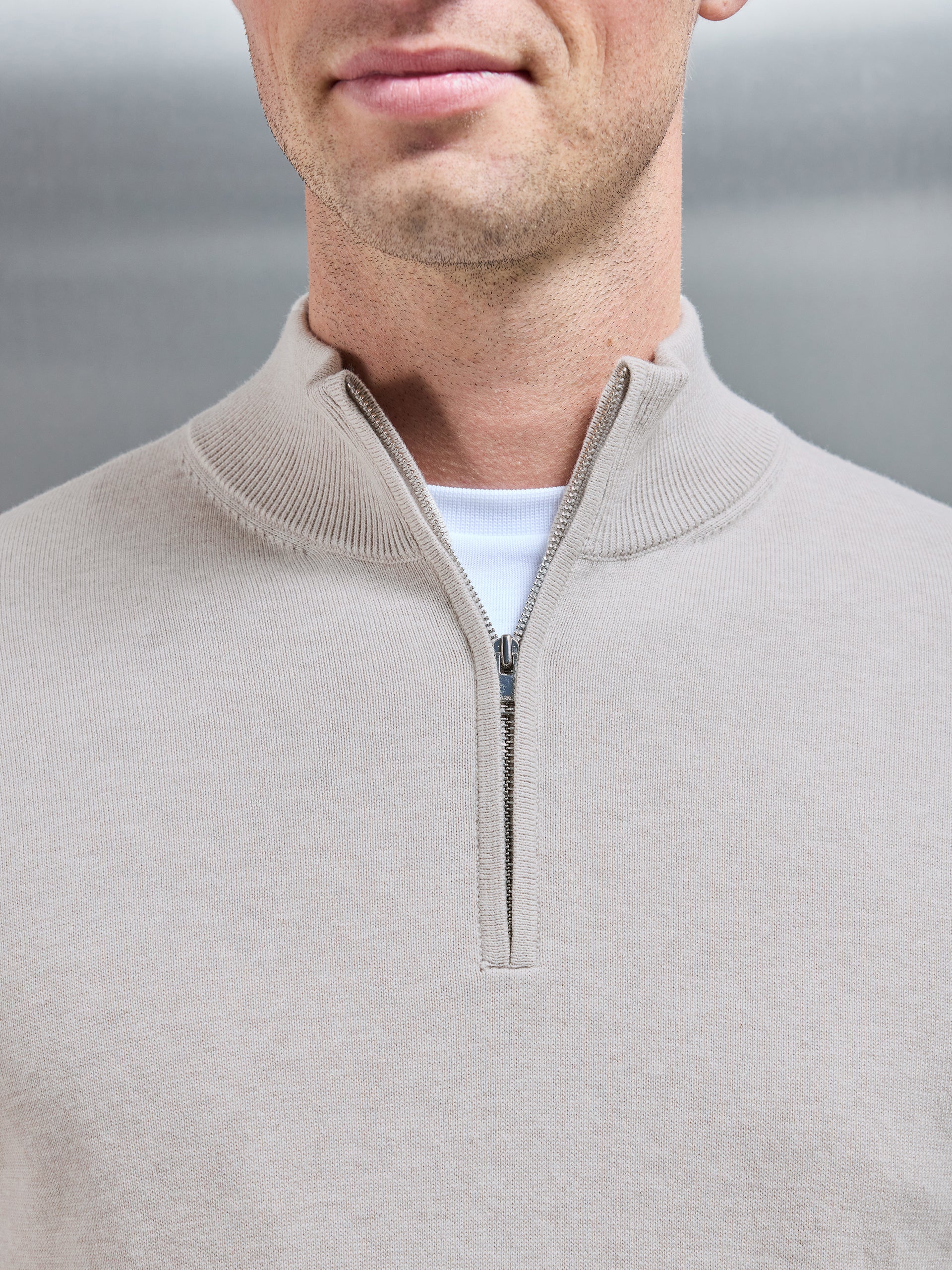 Cotton Knitted Half Zip Funnel Neck Jumper in Oatmeal