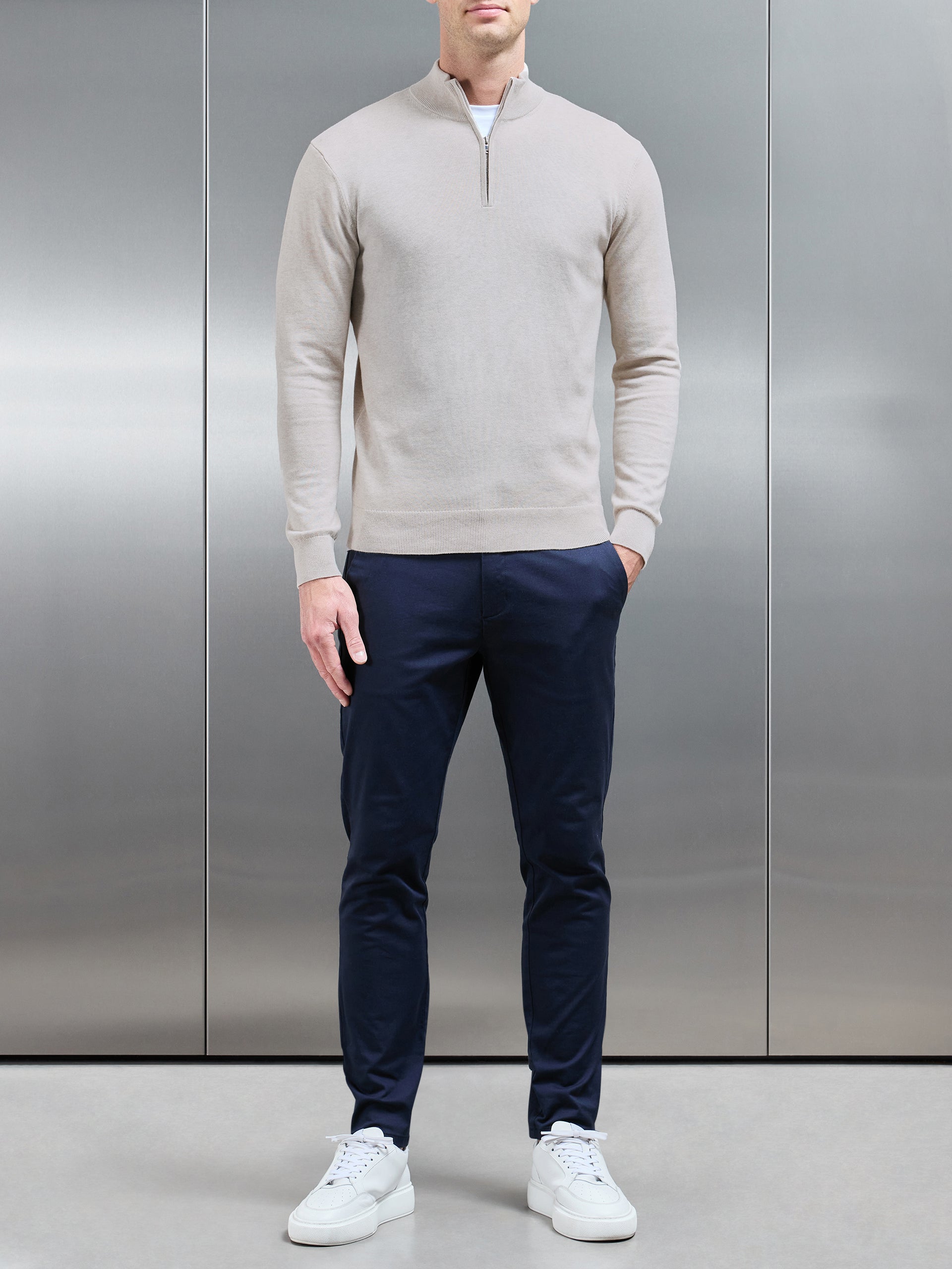 Cotton Knitted Half Zip Funnel Neck Jumper in Oatmeal