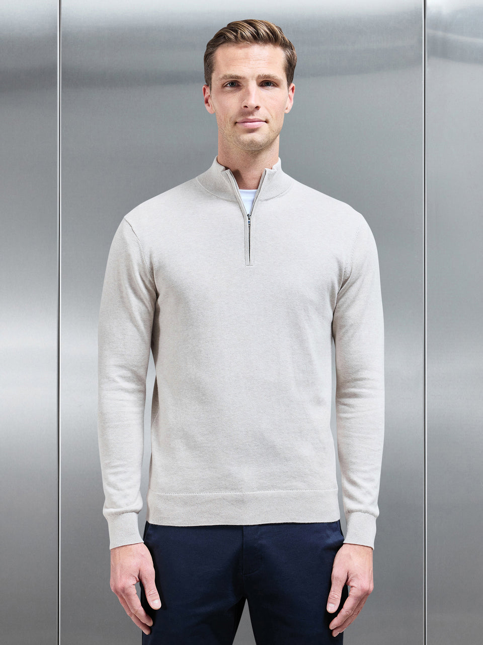 Cotton Knitted Half Zip Funnel Neck Jumper in Oatmeal