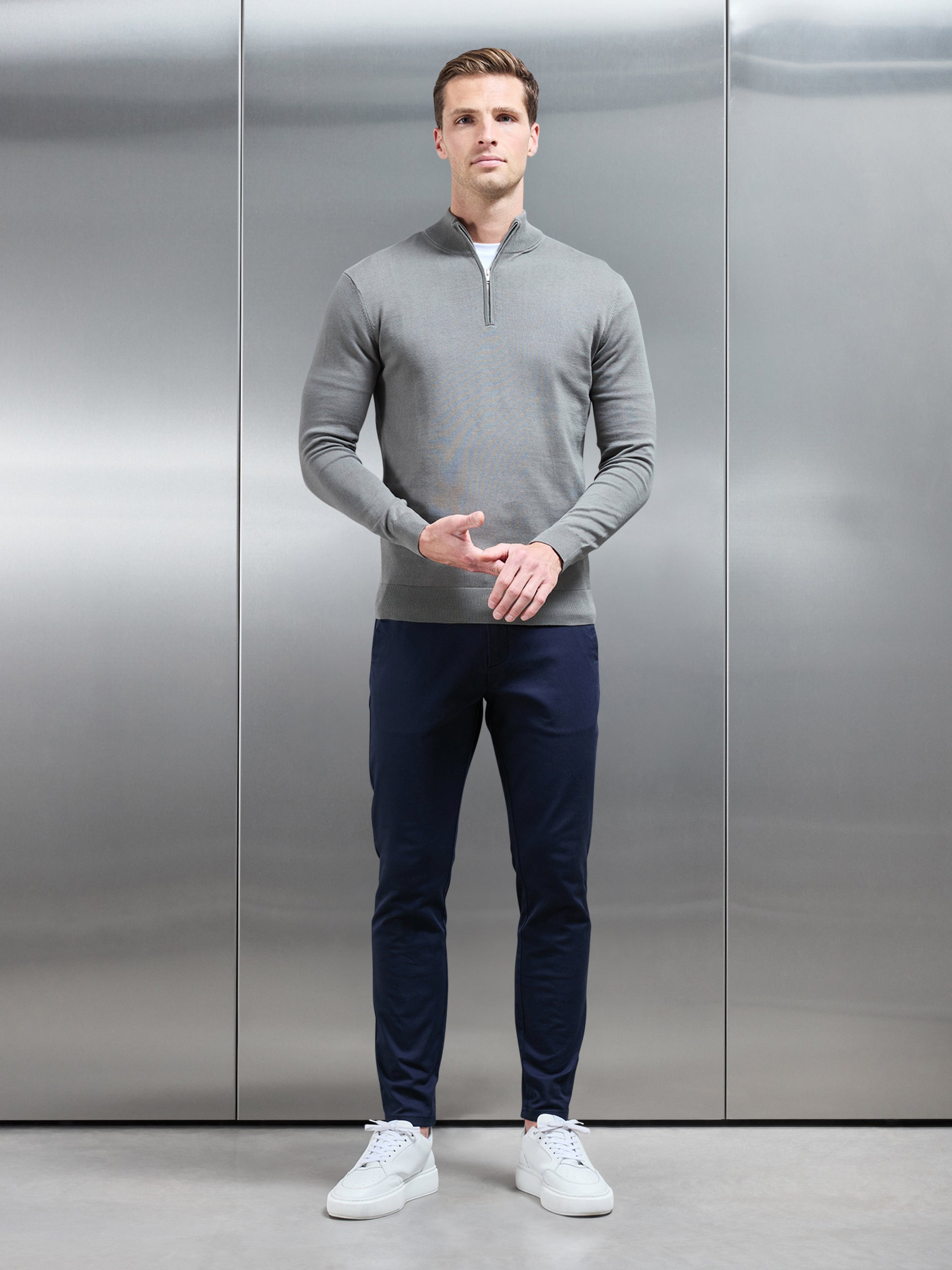 Cotton Knitted Half Zip Funnel Neck Jumper in Sage