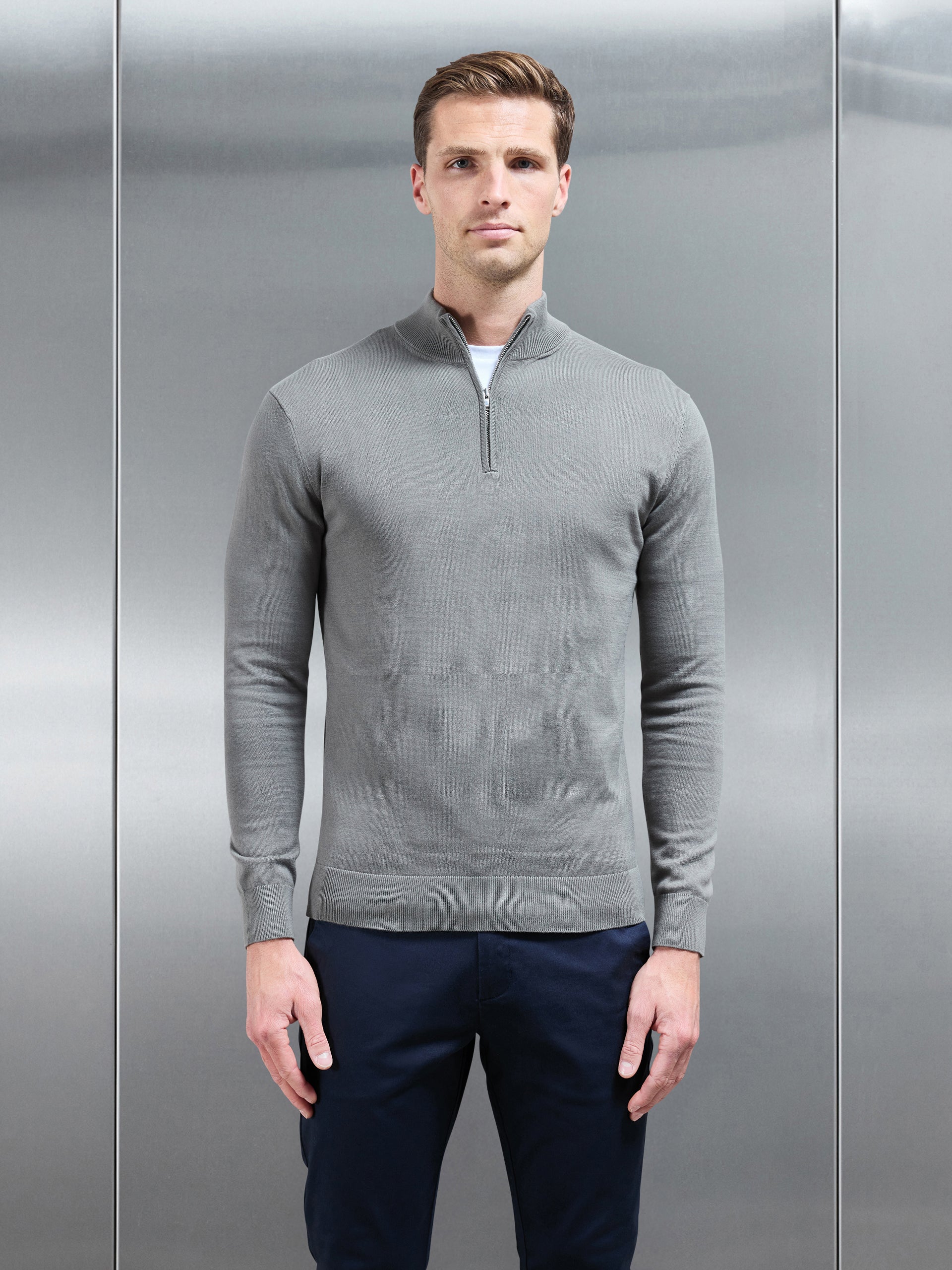 Cotton Knitted Half Zip Funnel Neck Jumper in Sage