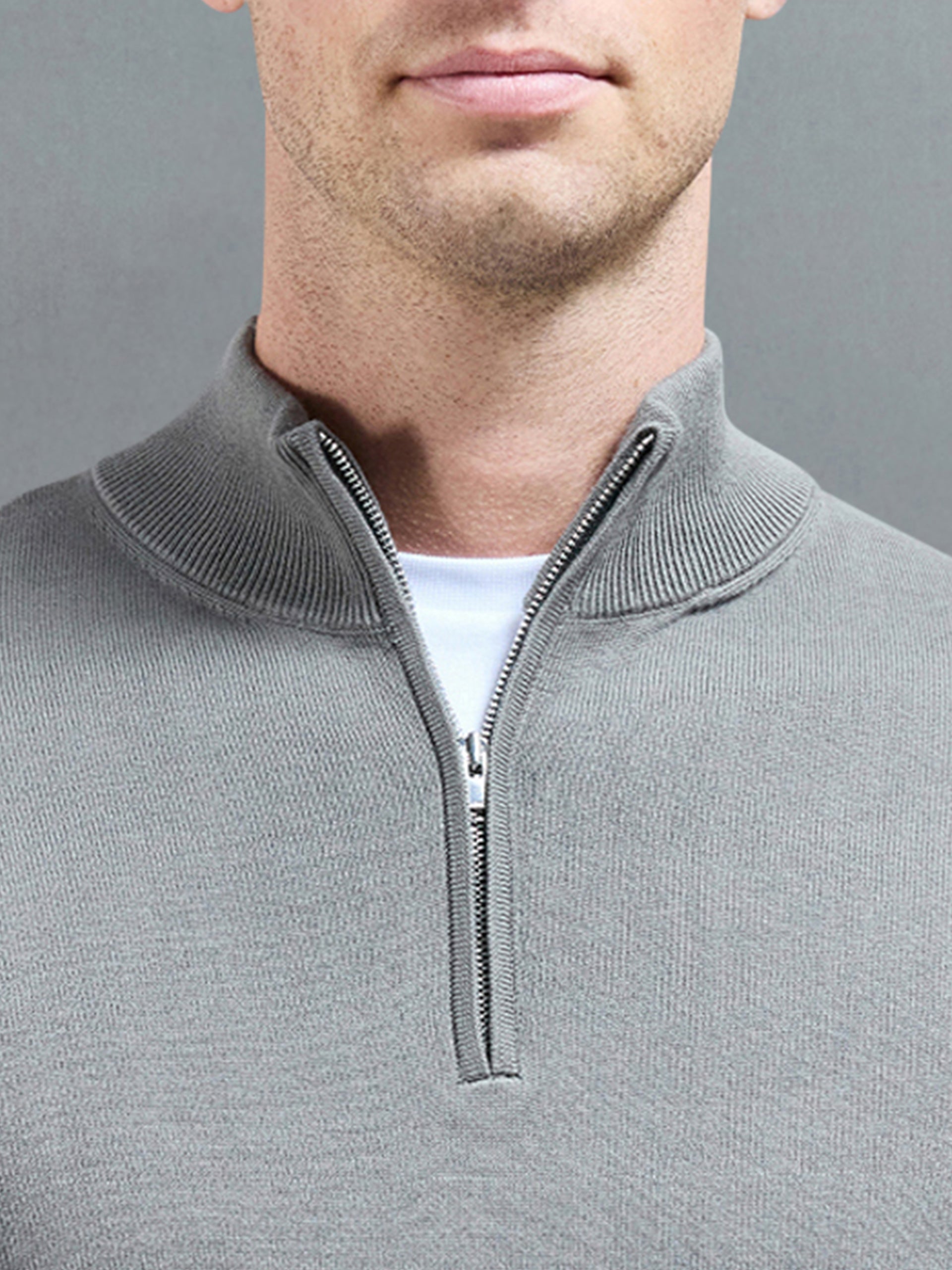Cotton Knitted Half Zip Funnel Neck Jumper in Sage