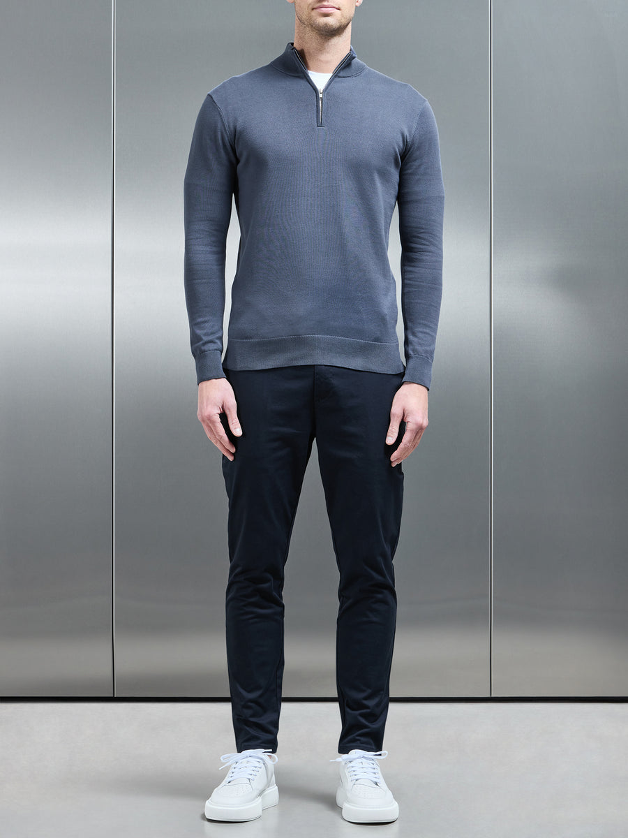 Cotton Knitted Half Zip Funnel Neck Jumper in Slate Blue