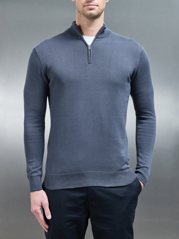 Cotton Knitted Half Zip Funnel Neck Jumper in Slate Blue